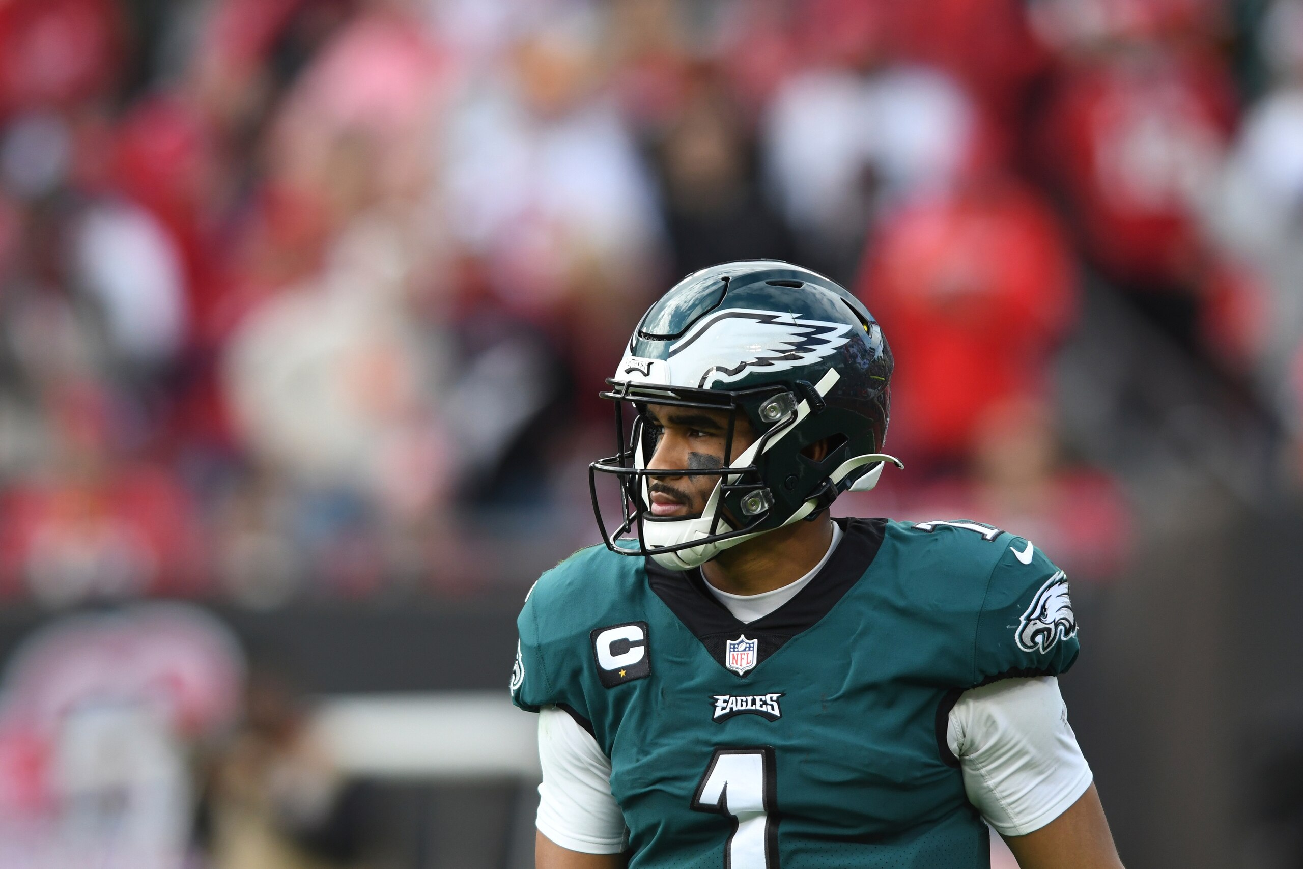 Philadelphia Eagles quarterback Jalen Hurts (1) during the second half of an NFL wild-card football game against the Tampa Bay Buccaneers Sunday, Jan. 16, 2022, in Tampa, Fla. (AP Photo/Jason Behnken)