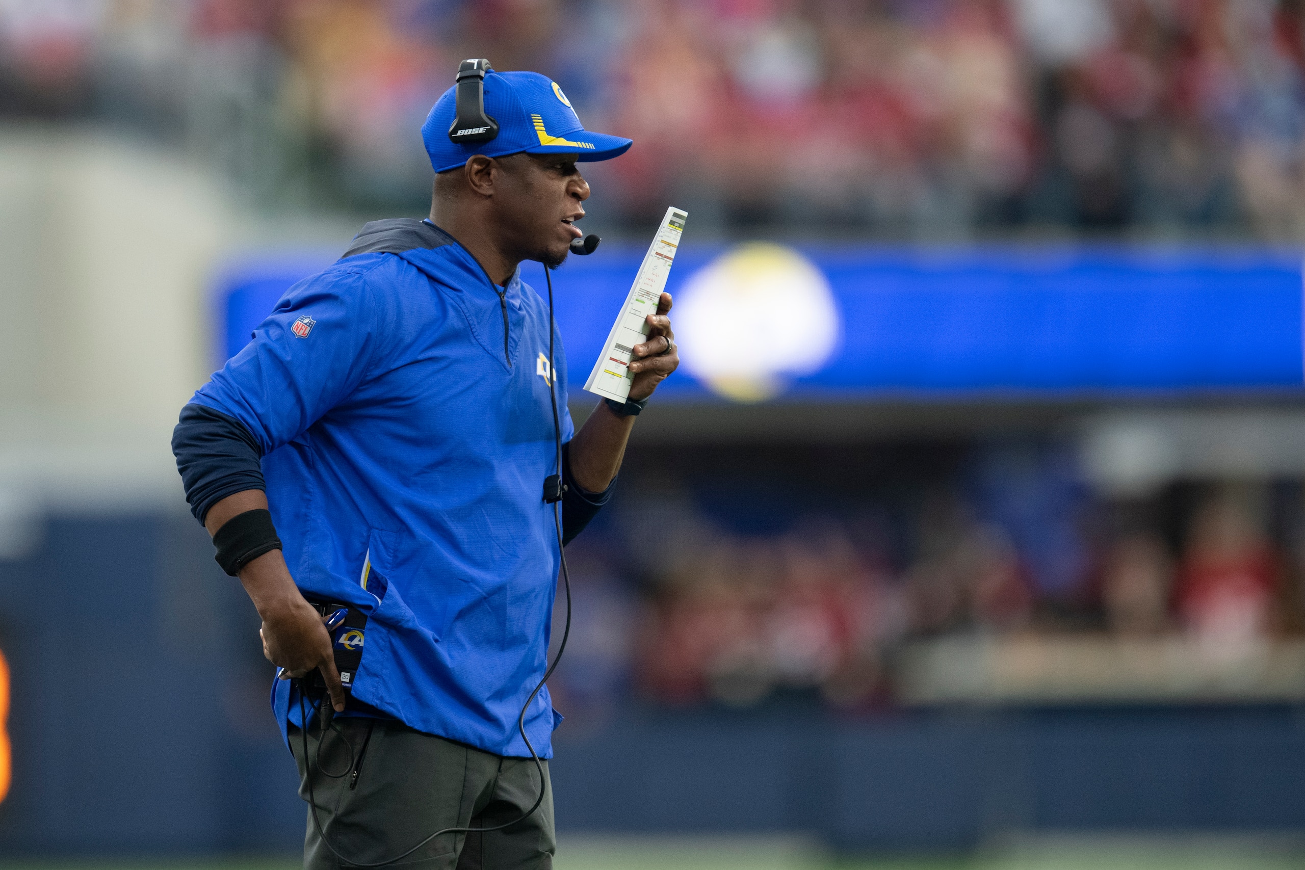 Los Angeles Rams defensive coordinator Raheem Morris watches his players during an NFL football game against the San Francisco 49ers Sunday, Jan. 9, 2022, in Inglewood, Calif. (AP Photo/Kyusung Gong)