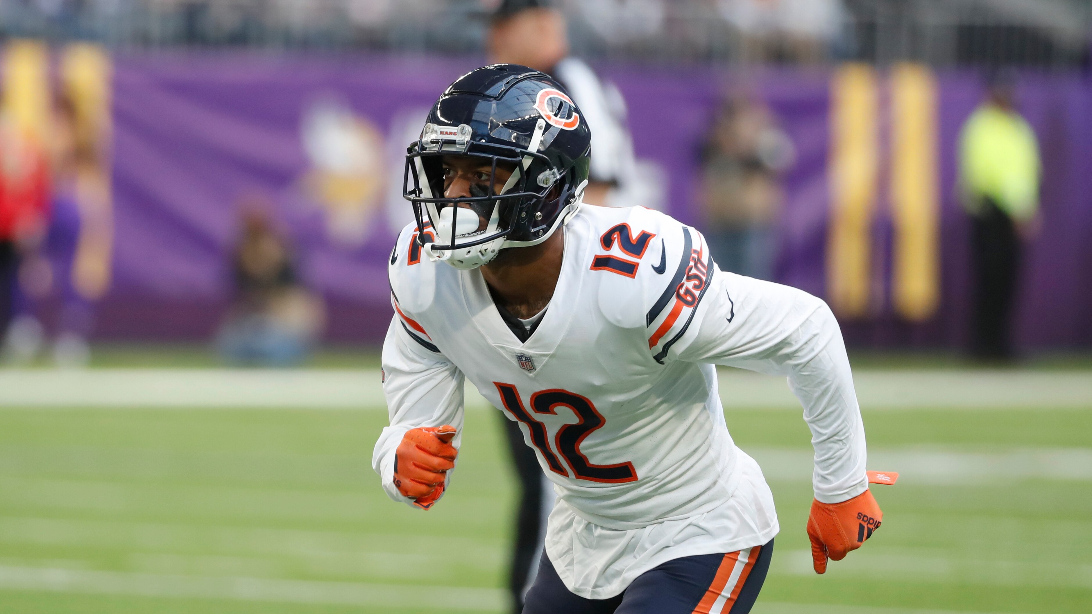 Chicago Bears wide receiver Allen Robinson (12) runs up field during an NFL football game against the Minnesota Vikings, Sunday, Jan. 9, 2022, in Minneapolis. (AP Photo/Bruce Kluckhohn)