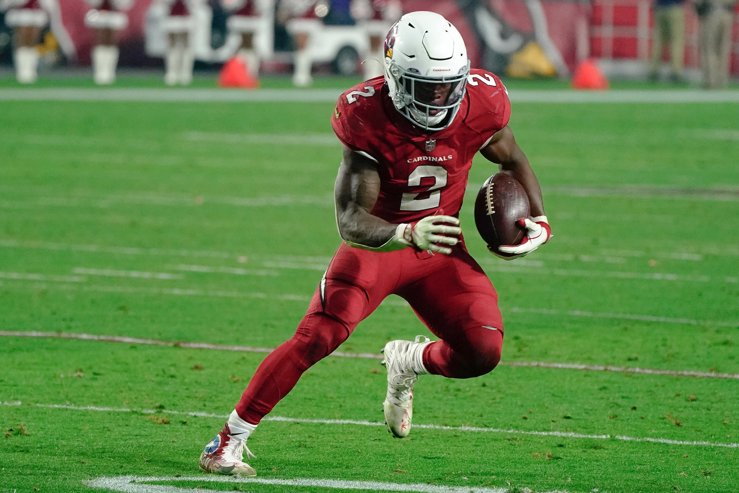 Arizona Cardinals running back Chase Edmonds (2) against the Indianapolis Colts during an NFL football game Saturday, Dec. 25, 2021, in Glendale, Ariz. (AP Photo/Darryl Webb)