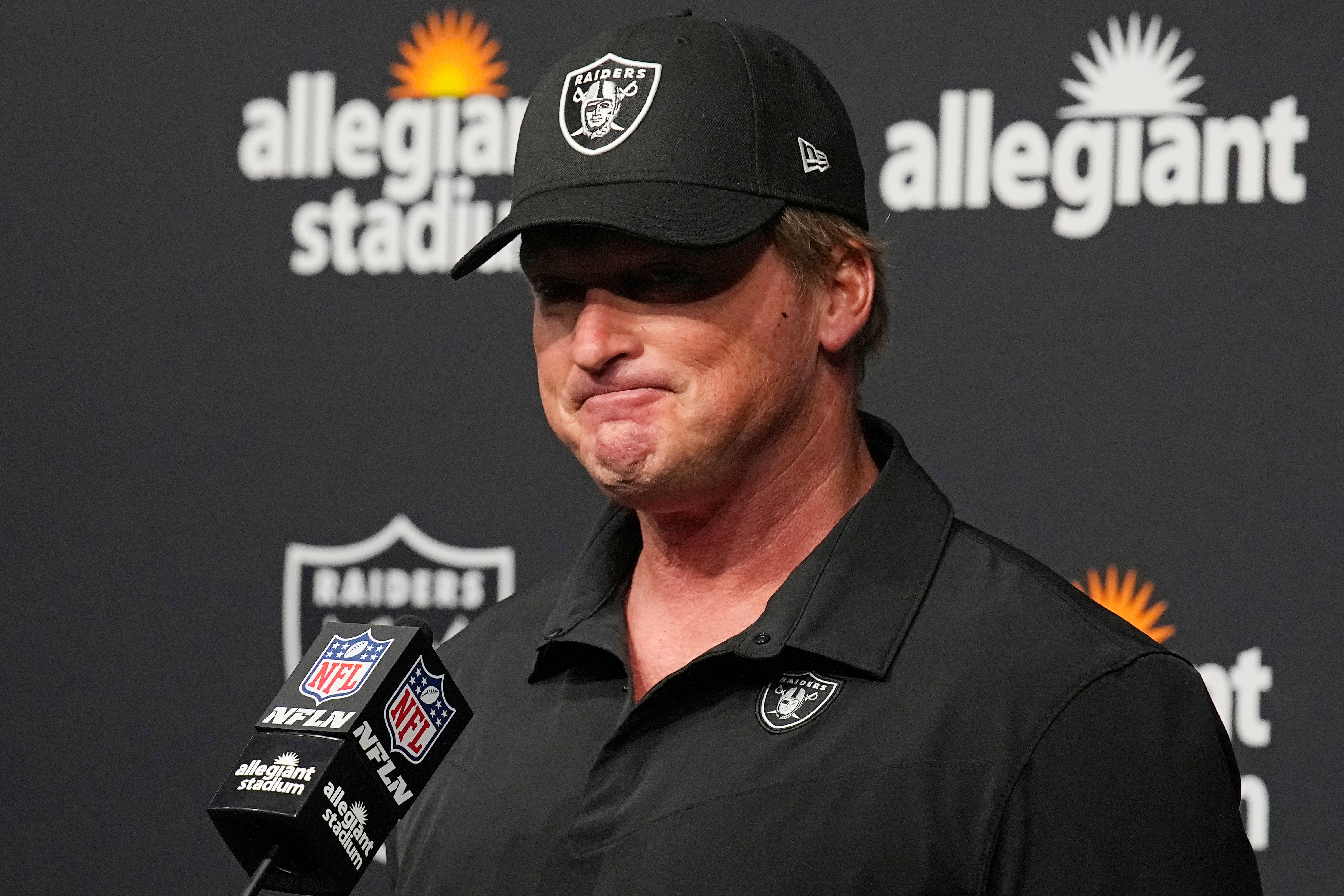 Las Vegas Raiders head coach Jon Gruden speaks during a news conference after an NFL football game against the Chicago Bears, Sunday, Oct. 10, 2021, in Las Vegas. (AP Photo/Rick Scuteri)