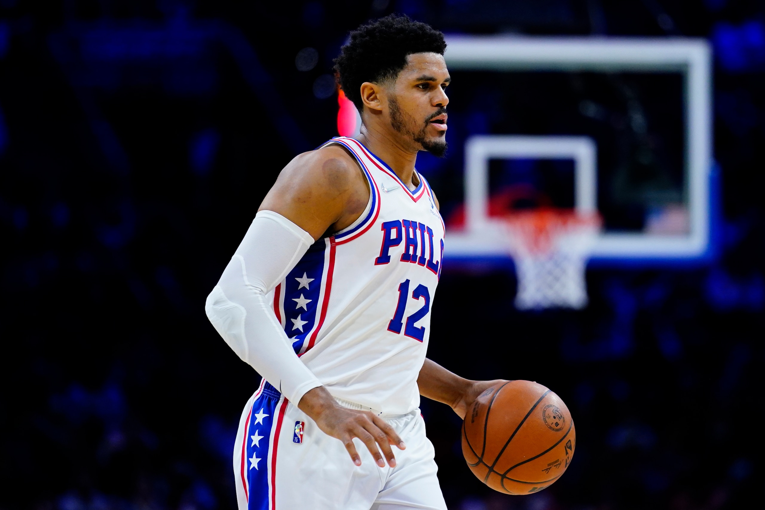 Philadelphia 76ers' Tobias Harris plays during an NBA basketball game, Wednesday, Jan. 19, 2022, in Philadelphia. (AP Photo/Matt Slocum)
