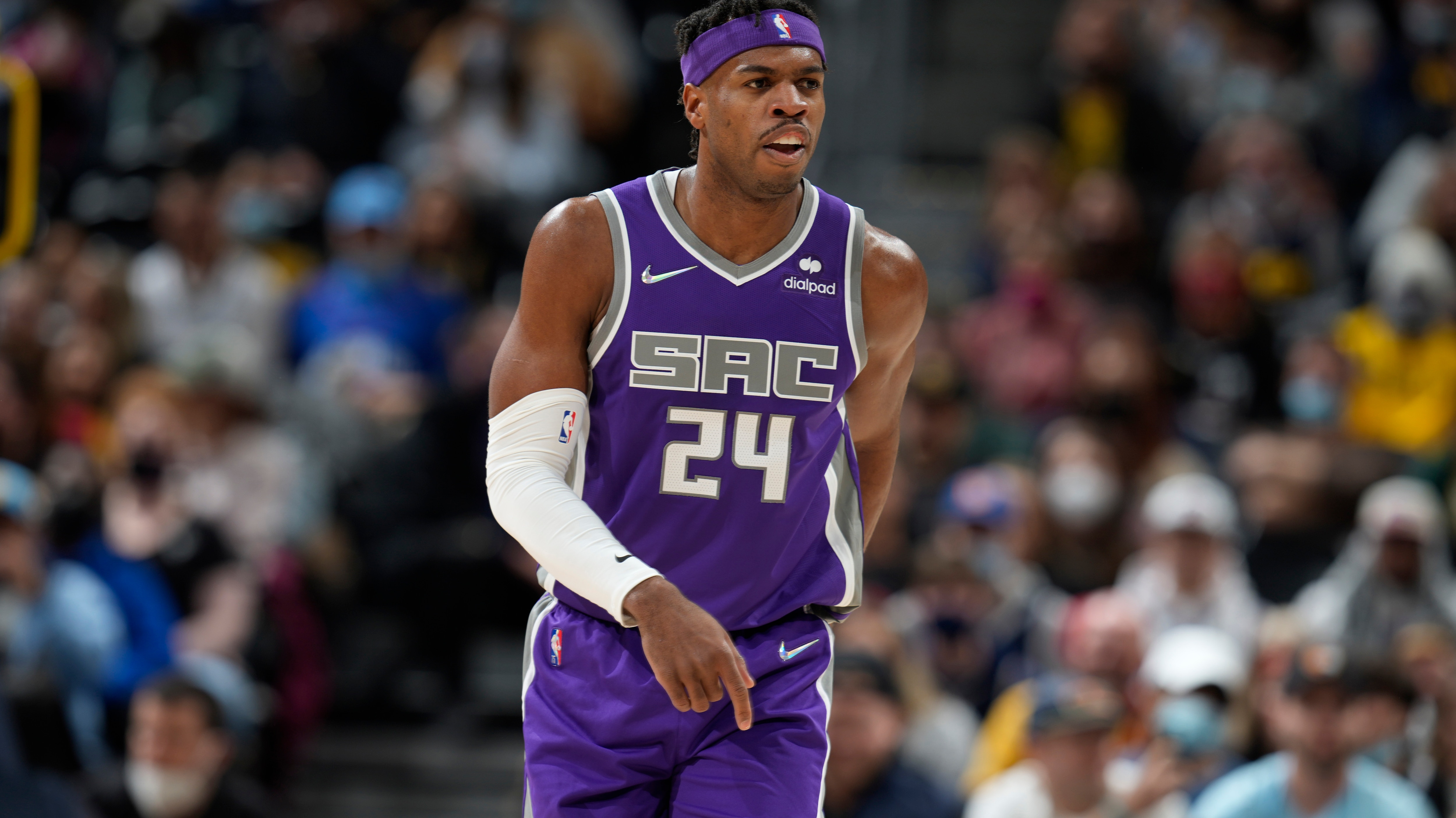Sacramento Kings guard Buddy Hield (24) in the first half of an NBA basketball game Friday, Jan. 7, 2022, in Denver. (AP Photo/David Zalubowski)