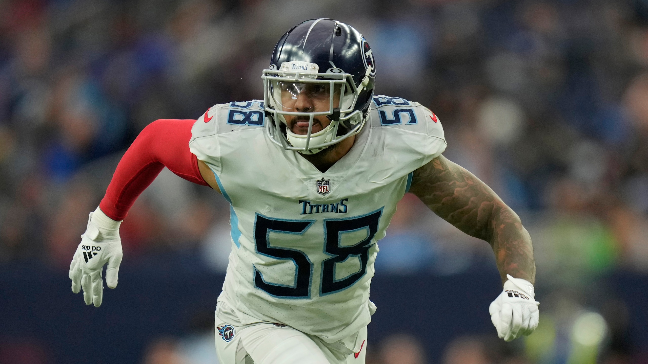 Tennessee Titans outside linebacker Harold Landry (58) during the first half of an NFL football game against the Houston Texans, Sunday, Jan. 9, 2022, in Houston. (AP Photo/Eric Christian Smith)
