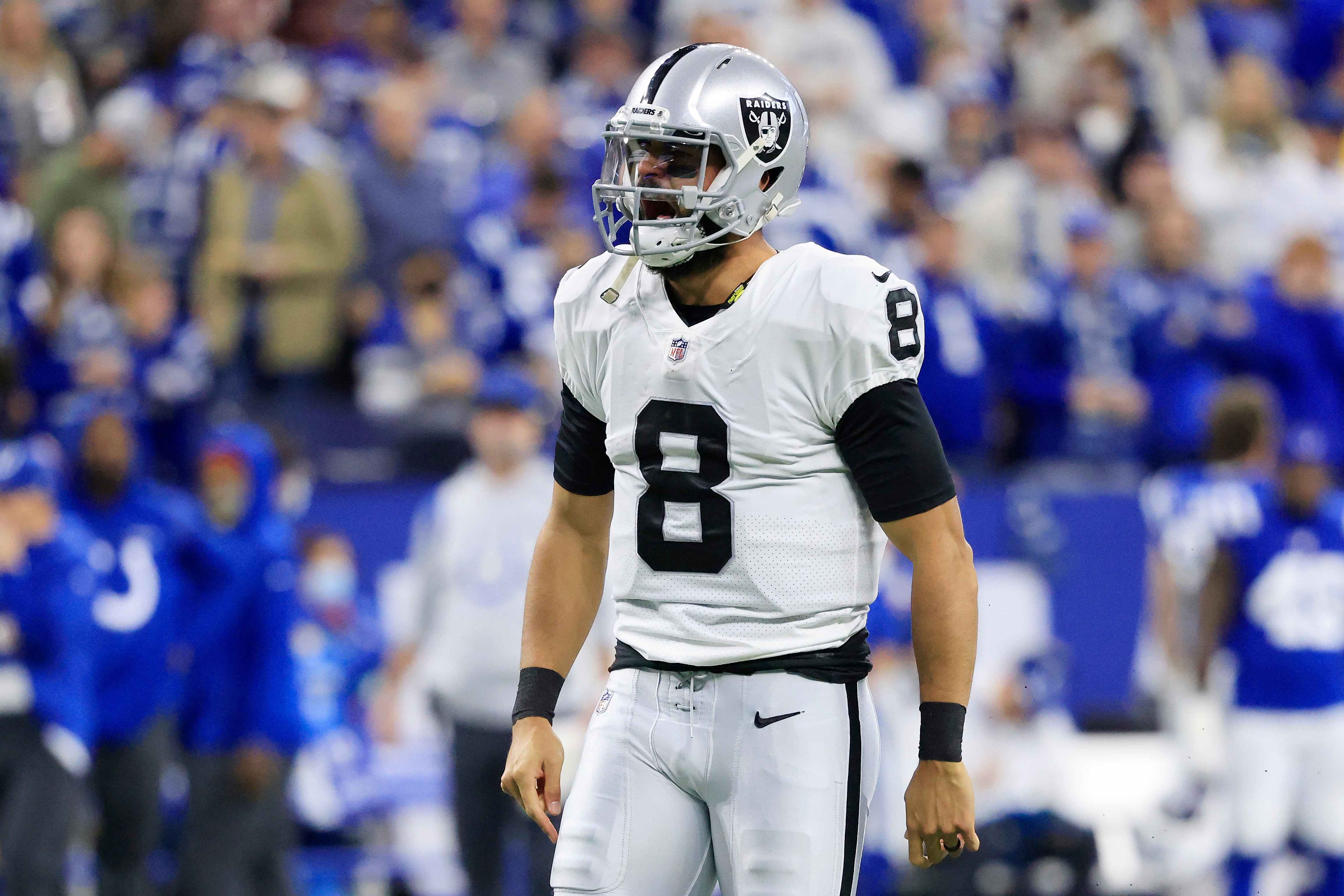 INDIANAPOLIS, INDIANA - JANUARY 02: Marcus Mariota #8 of the Las Vegas Raiders reacts after a first down during the first half against the Indianapolis Colts at Lucas Oil Stadium on January 02, 2022 in Indianapolis, Indiana. (Photo by Justin Casterline/Getty Images)