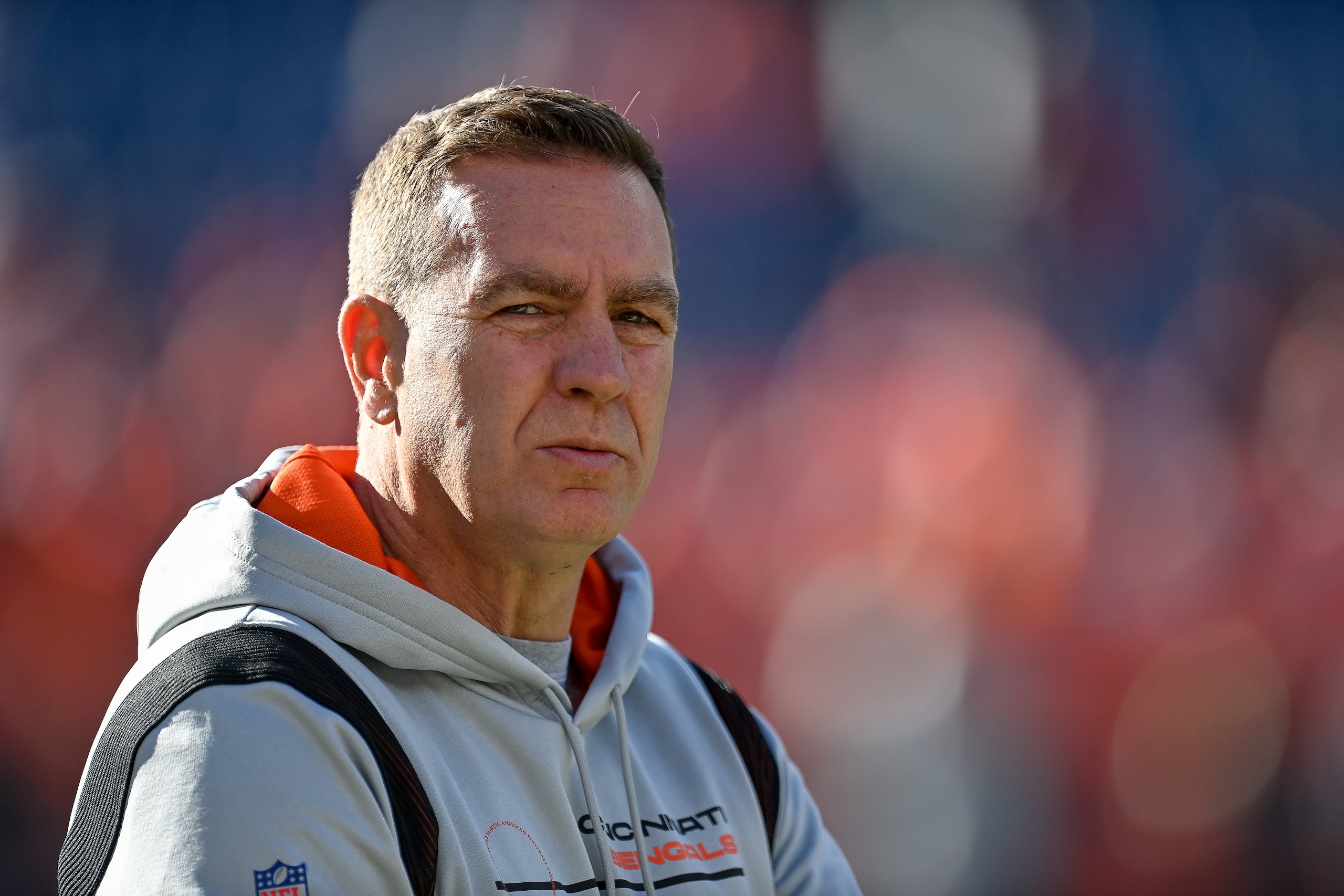 DENVER, CO - DECEMBER 19: Cincinnati Bengals defensive coordinator Lou Anarumo walks on the field before a game between the Denver Broncos and the Cincinnati Bengals at Empower Field at Mile High on December 19, 2021 in Denver, Colorado. (Photo by Dustin Bradford/Icon Sportswire via Getty Images)