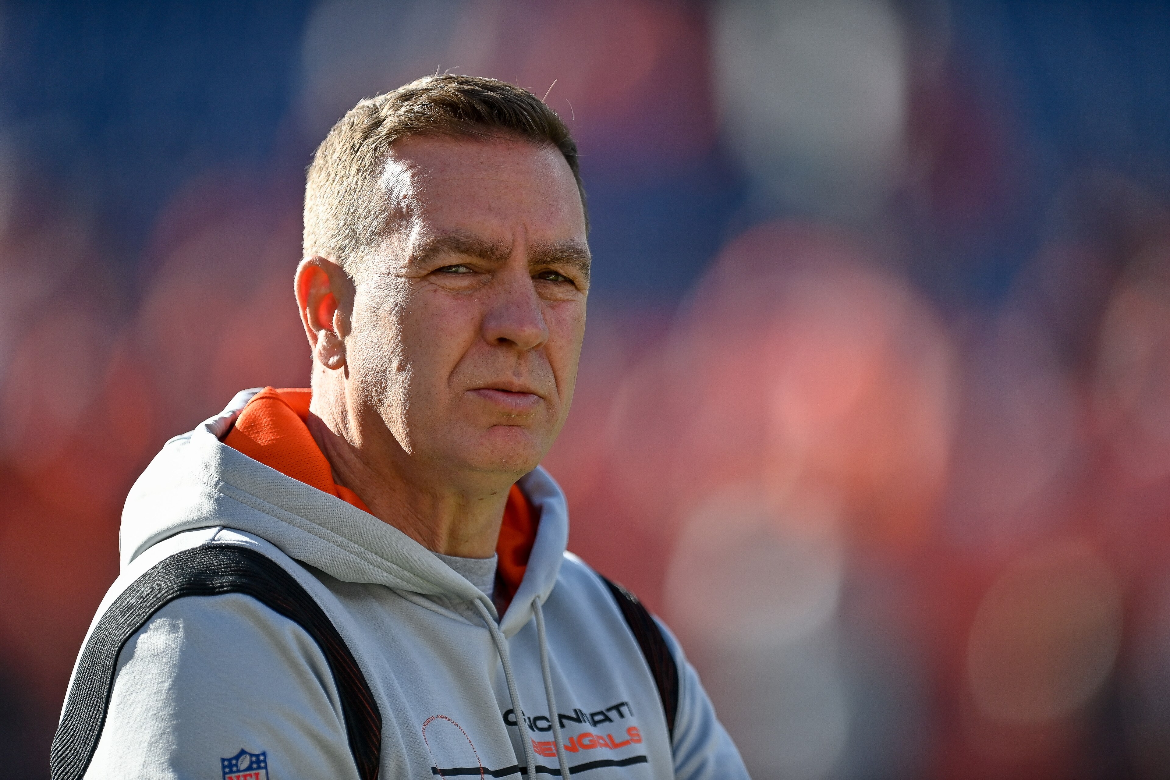 DENVER, CO - DECEMBER 19: Cincinnati Bengals defensive coordinator Lou Anarumo walks on the field before a game between the Denver Broncos and the Cincinnati Bengals at Empower Field at Mile High on December 19, 2021 in Denver, Colorado. (Photo by Dustin Bradford/Icon Sportswire via Getty Images)