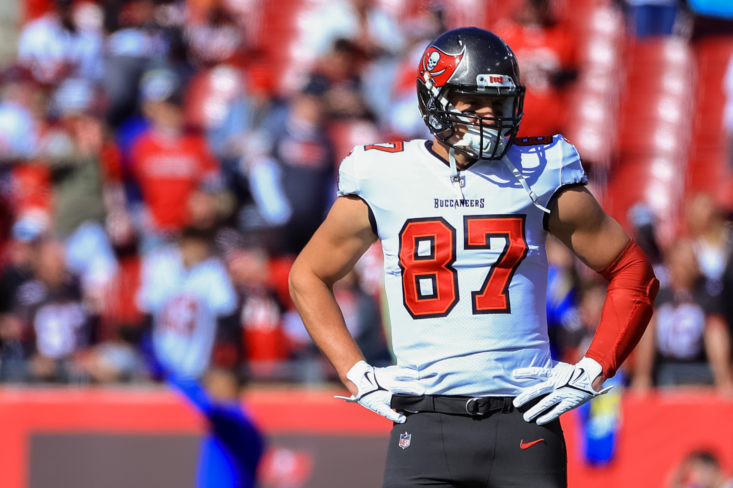 TAMPA, FLORIDA - JANUARY 23: Rob Gronkowski #87 of the Tampa Bay Buccaneers looks on before the game against the Los Angeles Rams in the NFC Divisional Playoff game at Raymond James Stadium on January 23, 2022 in Tampa, Florida. (Photo by Mike Ehrmann/Getty Images)