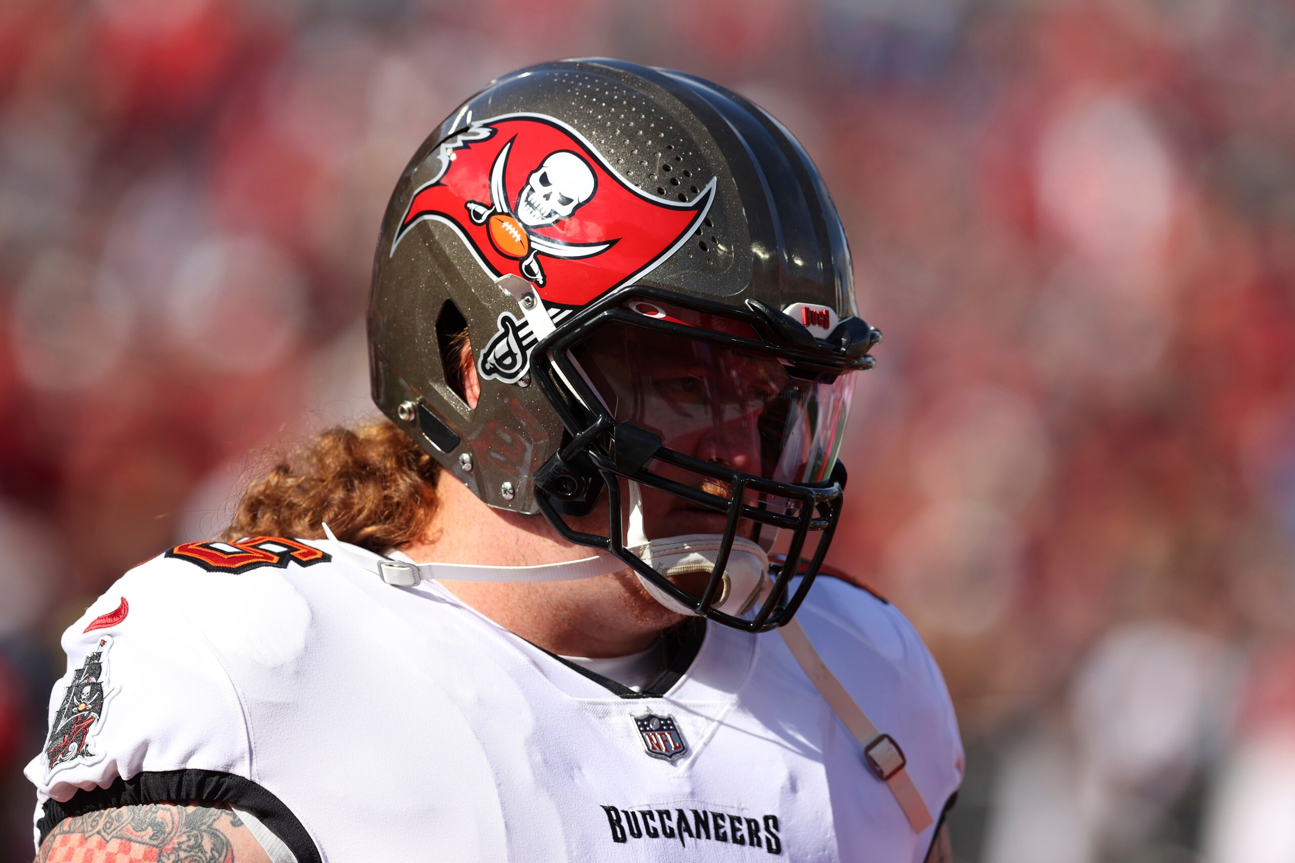 Tampa Bay Buccaneers center Ryan Jensen (66) before an NFL divisional round playoff football game against the Los Angeles Rams Sunday, Jan. 23, 2022, in Tampa, Fla. (AP Photo/Mark LoMoglio)