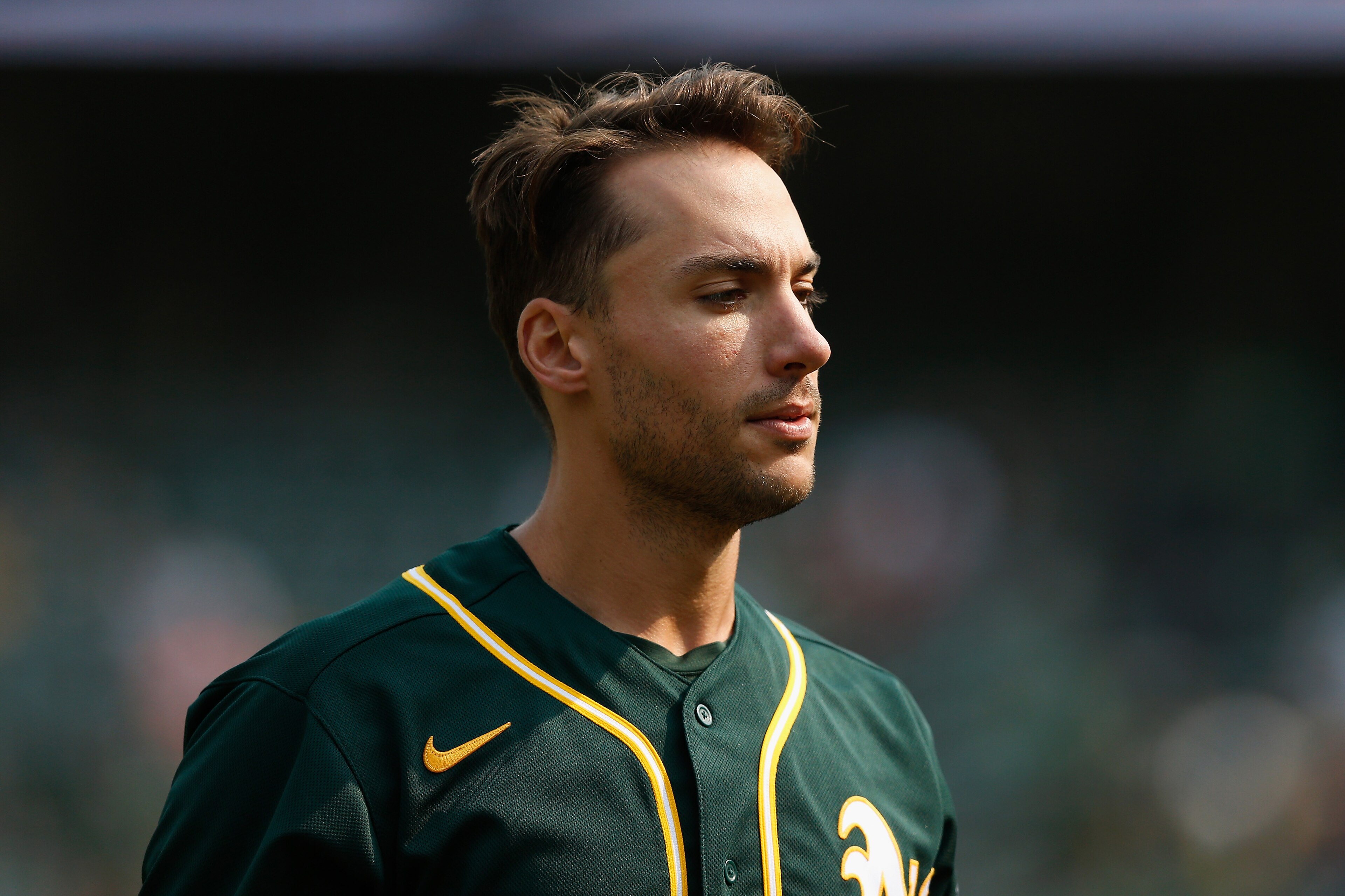 OAKLAND, CALIFORNIA - SEPTEMBER 25: Matt Olson #28 of the Oakland Athletics looks on between innings against the Houston Astros at RingCentral Coliseum on September 25, 2021 in Oakland, California. (Photo by Lachlan Cunningham/Getty Images) OAKLAND, CALIFORNIA - SEPTEMBER 25: Matt Olson #28 of the Oakland Athletics looks on between innings against the Houston Astros at RingCentral Coliseum on September 25, 2021 in Oakland, California. (Photo by Lachlan Cunningham/Getty Images)