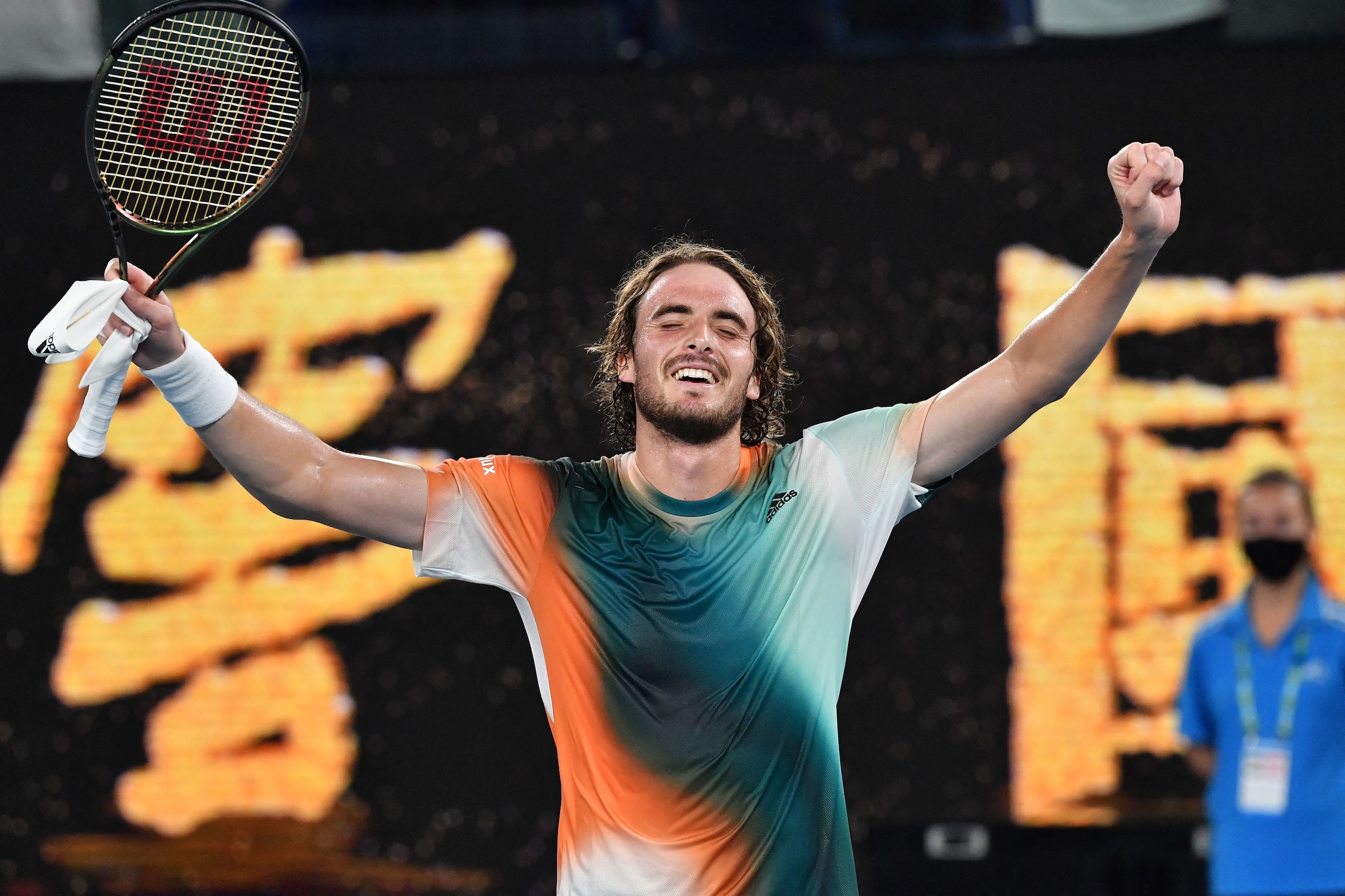 Greece's Stefanos Tsitsipas celebrates after beating Taylor Fritz of the US in their men's singles match at the Australian Open tennis tournament in Melbourne on January 25, 2022. - -- IMAGE RESTRICTED TO EDITORIAL USE - STRICTLY NO COMMERCIAL USE -- (Photo by Paul Crock / AFP) / -- IMAGE RESTRICTED TO EDITORIAL USE - STRICTLY NO COMMERCIAL USE -- (Photo by PAUL CROCK/AFP via Getty Images) Greece's Stefanos Tsitsipas celebrates after beating Taylor Fritz of the US in their men's singles match at the Australian Open tennis tournament in Melbourne on January 25, 2022. - -- IMAGE RESTRICTED TO EDITORIAL USE - STRICTLY NO COMMERCIAL USE -- (Photo by Paul Crock / AFP) / -- IMAGE RESTRICTED TO EDITORIAL USE - STRICTLY NO COMMERCIAL USE -- (Photo by PAUL CROCK/AFP via Getty Images)
