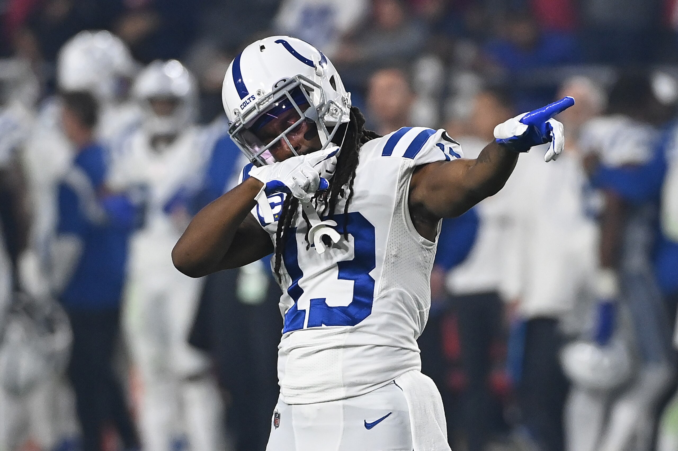 GLENDALE, ARIZONA - DECEMBER 25: T.Y. Hilton #13 of the Indianapolis Colts reacts against the Arizona Cardinals during the second quarter at State Farm Stadium on December 25, 2021 in Glendale, Arizona. (Photo by Norm Hall/Getty Images)