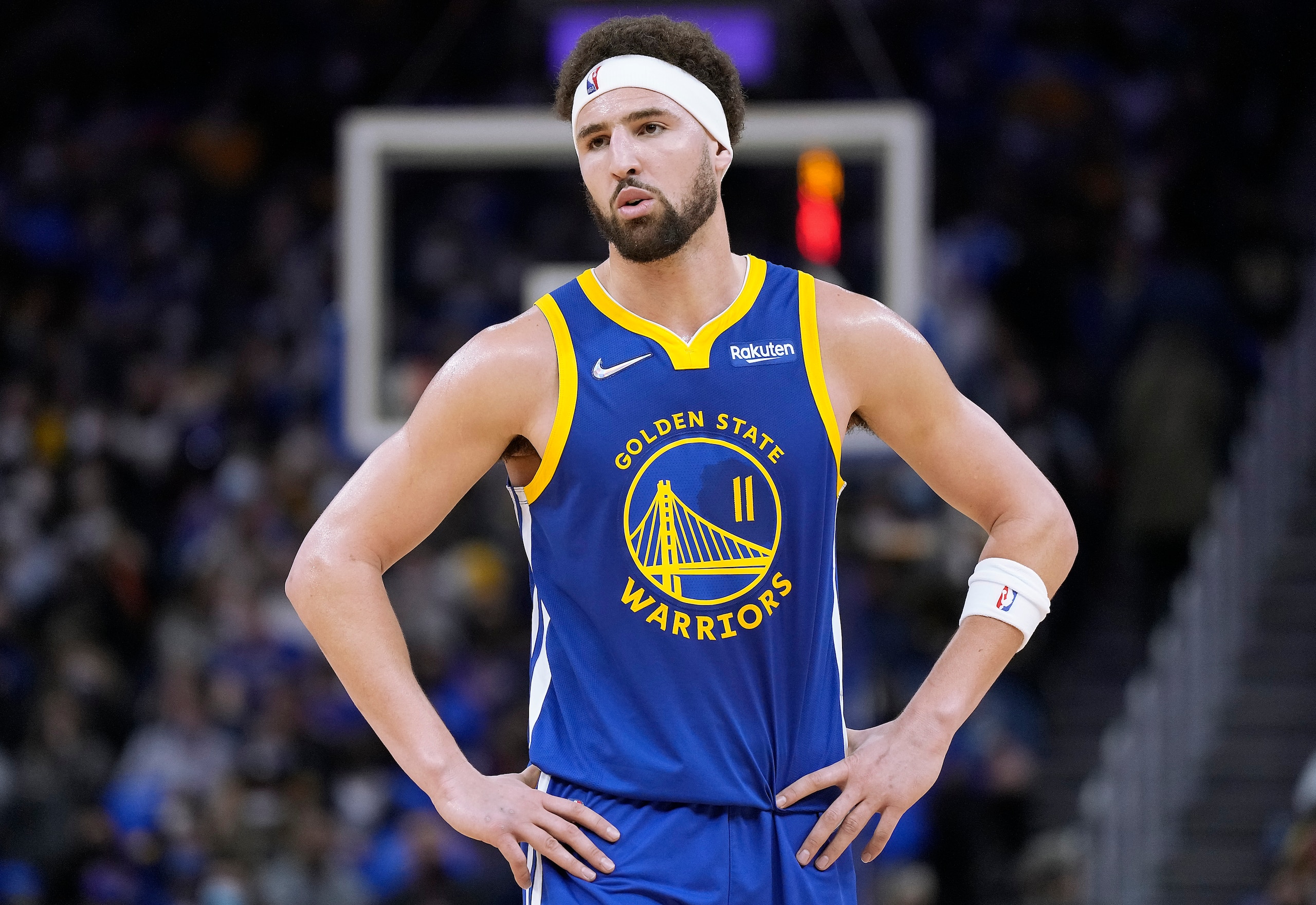 SAN FRANCISCO, CALIFORNIA - JANUARY 20: Klay Thompson #11 of the Golden State Warriors looks on against the Indiana Pacers during the first half of an NBA basketball game at Chase Center on January 20, 2022 in San Francisco, California. NOTE TO USER: User expressly acknowledges and agrees that, by downloading and or using this photograph, User is consenting to the terms and conditions of the Getty Images License Agreement. (Photo by Thearon W. Henderson/Getty Images)