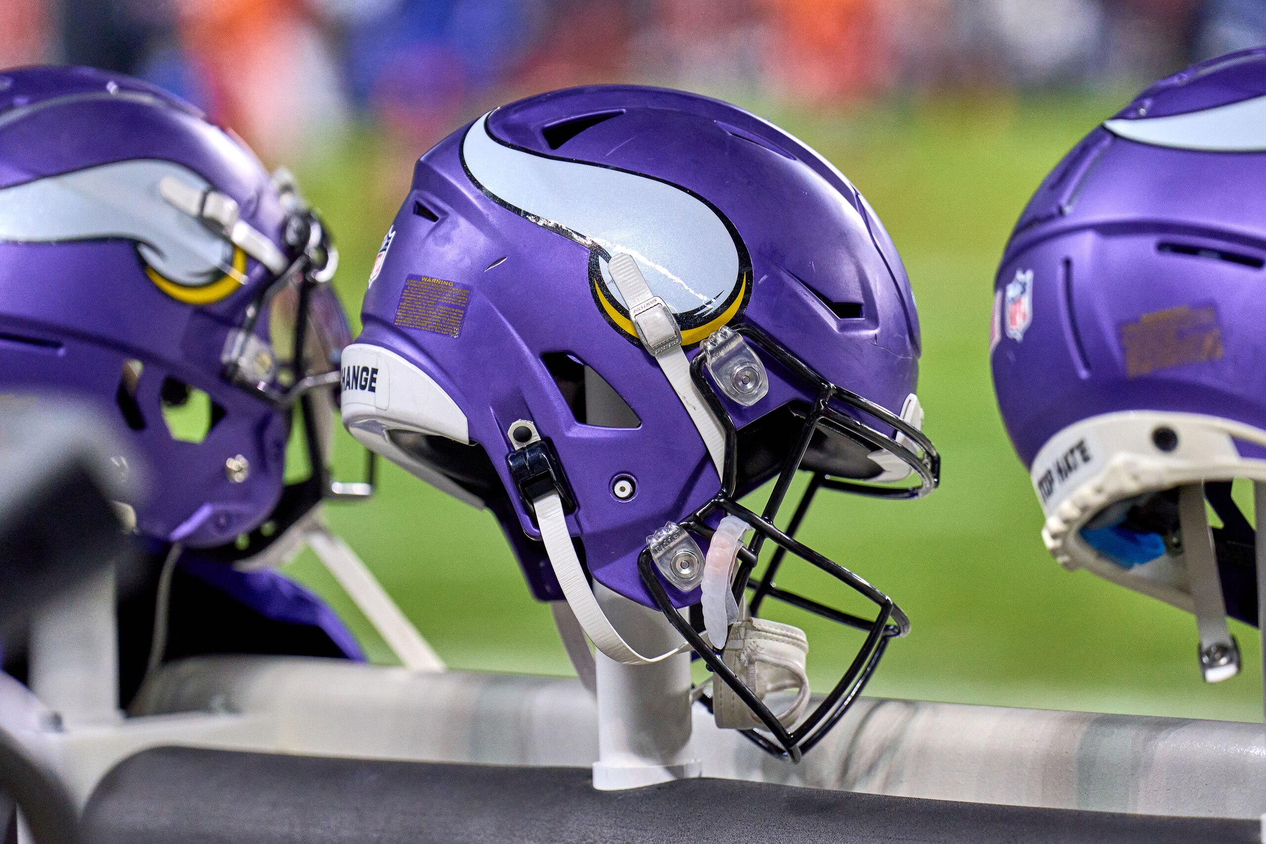 CHICAGO, IL - DECEMBER 20: A detail view of a Minnesota Vikings helmet is seen on a bench pole during a game between the Chicago Bears and the Minnesota Vikings on December 20, 2021, at Soldier Field in Chicago, IL. (Photo by Robin Alam/Icon Sportswire via Getty Images)