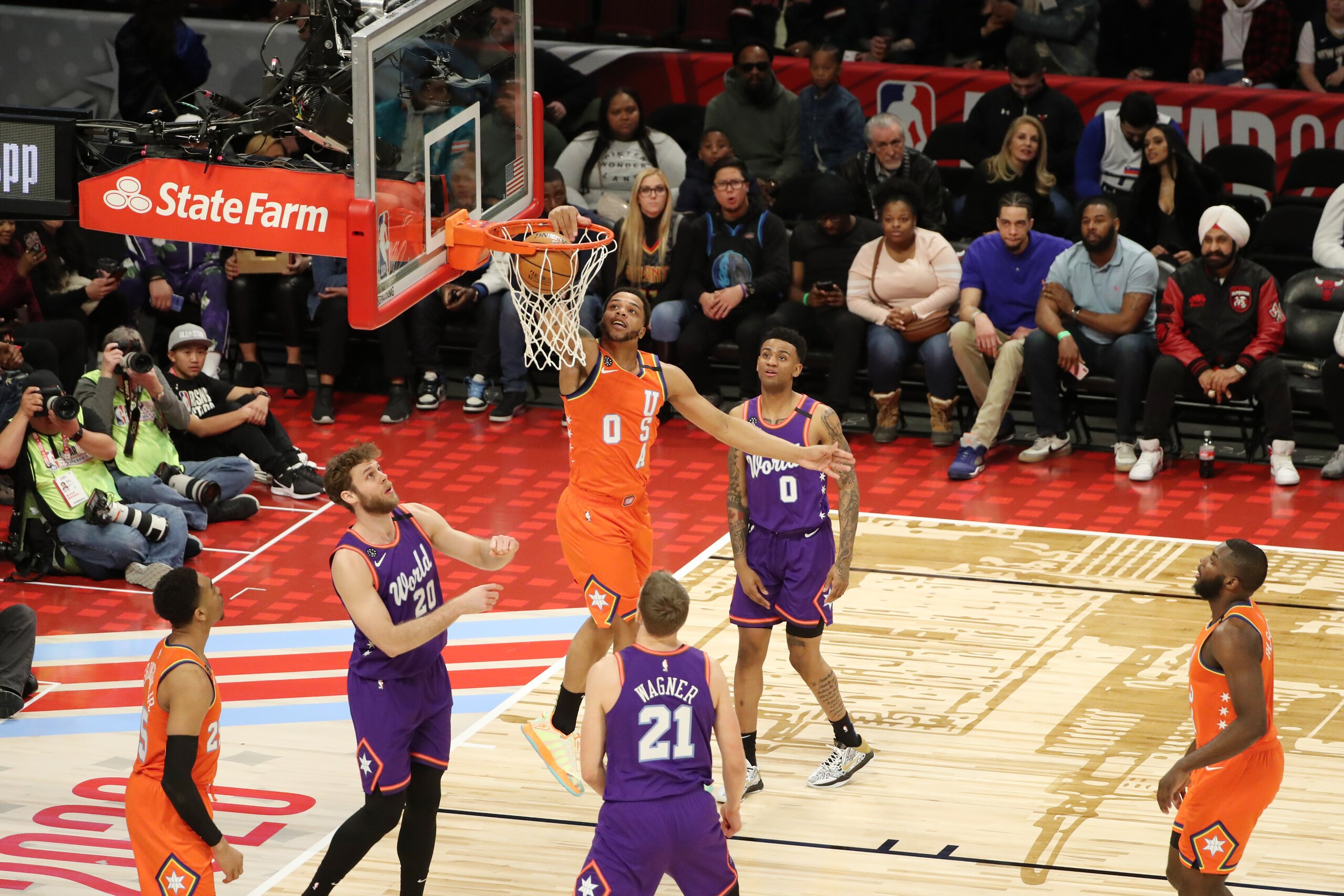 CHICAGO, IL - FEBRUARY 14: Miles Bridges #0 of the Charlotte Hornets dunks the ball during the 2020 NBA All-Star Rising Stars Game on February 14, 2020 at the United Center in Chicago, Illinois. NOTE TO USER: User expressly acknowledges and agrees that, by downloading and or using this photograph, User is consenting to the terms and conditions of the Getty Images License Agreement. Mandatory Copyright Notice: Copyright 2020 NBAE (Photo by Joe Murphy/NBAE via Getty Images)