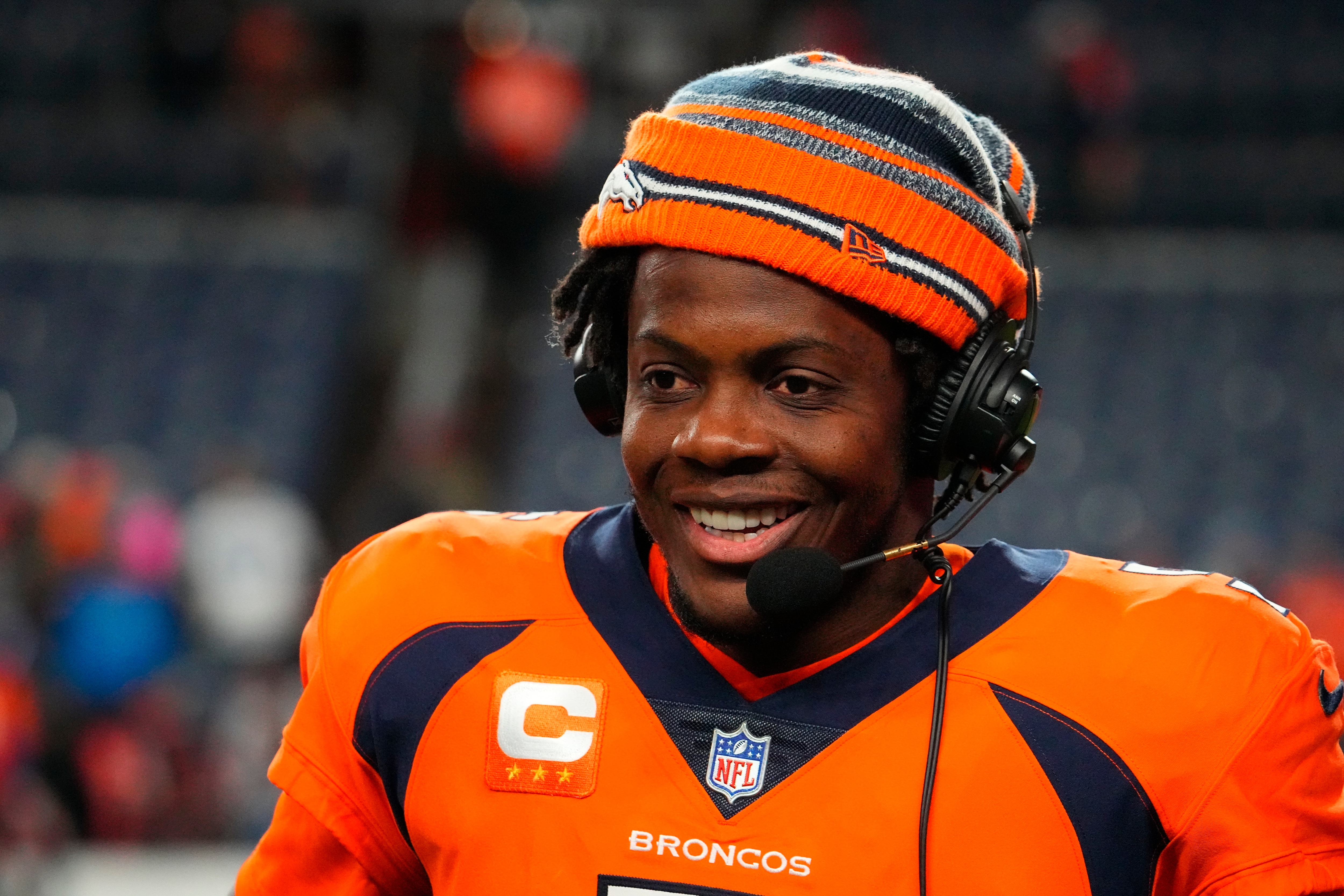Denver Broncos quarterback Teddy Bridgewater (5) against the Detroit Lions in the first half of an NFL football game Sunday, Dec 12, 2021, in Denver. (AP Photo/Bart Young)