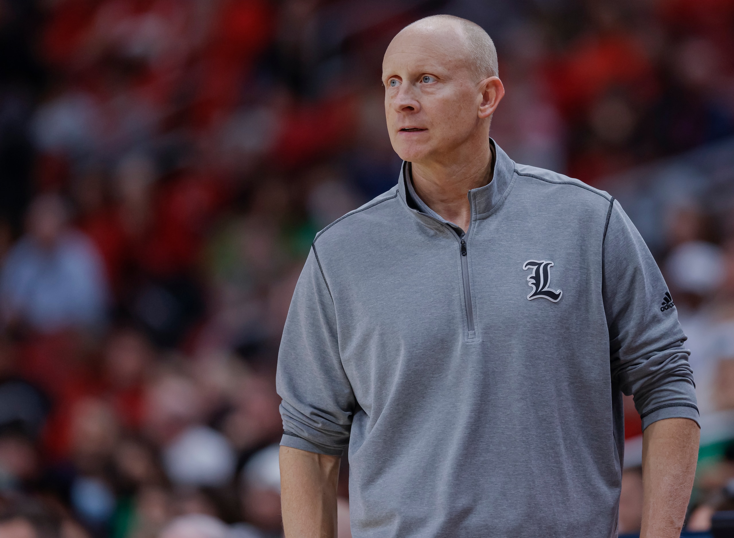 LOUISVILLE, KY - JANUARY 22: Head coach Chris Mack of the Louisville Cardinals is seen during the game against the Notre Dame Fighting Irish at KFC YUM! Center on January 22, 2022 in Louisville, Kentucky. (Photo by Michael Hickey/Getty Images)