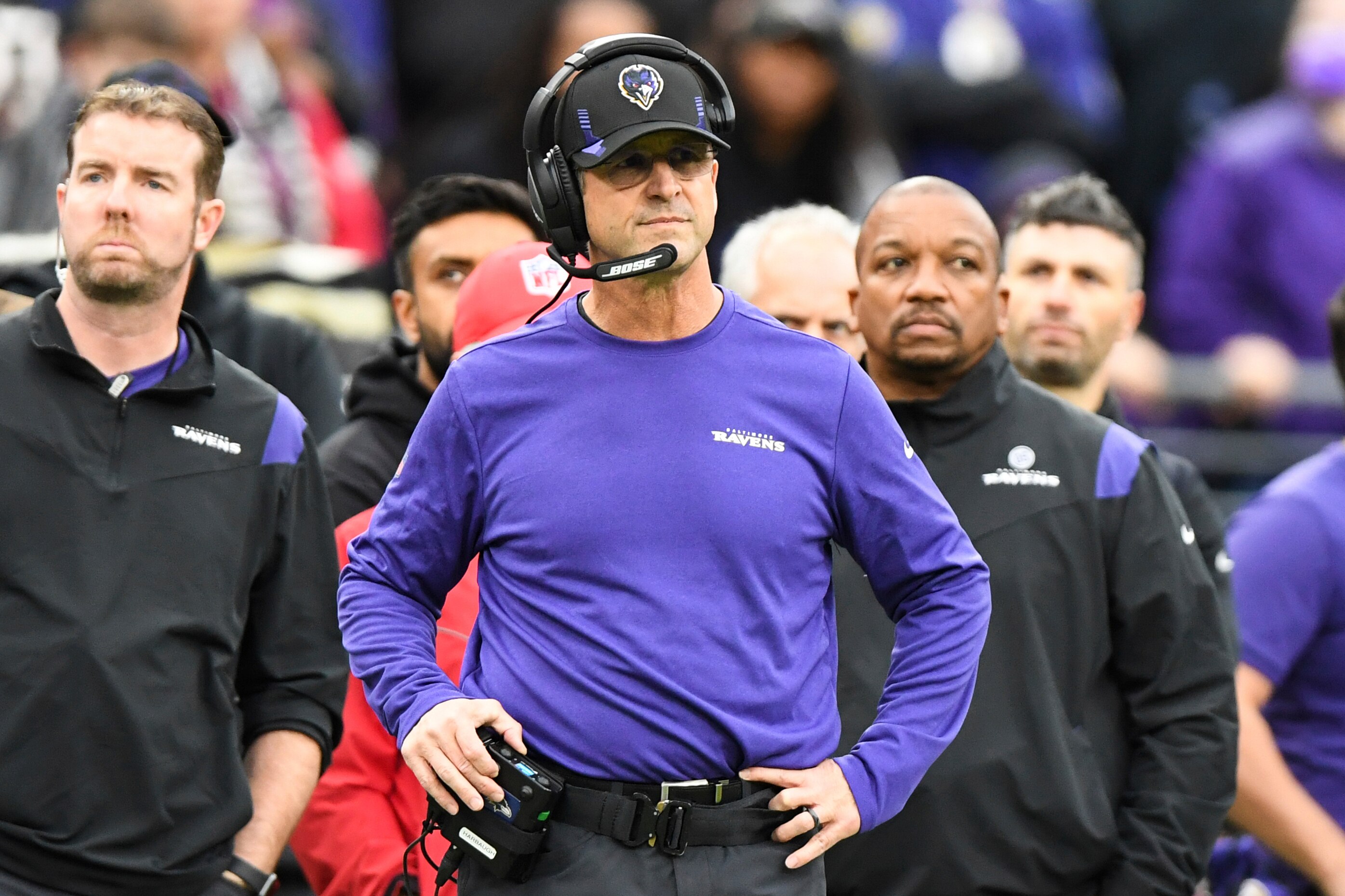 Baltimore Ravens head coach John Harbaugh looks on from the sideline during the second half of an NFL football game against the Los Angeles Rams, Sunday, Jan. 2, 2022, in Baltimore. (AP Photo/Terrance Williams)