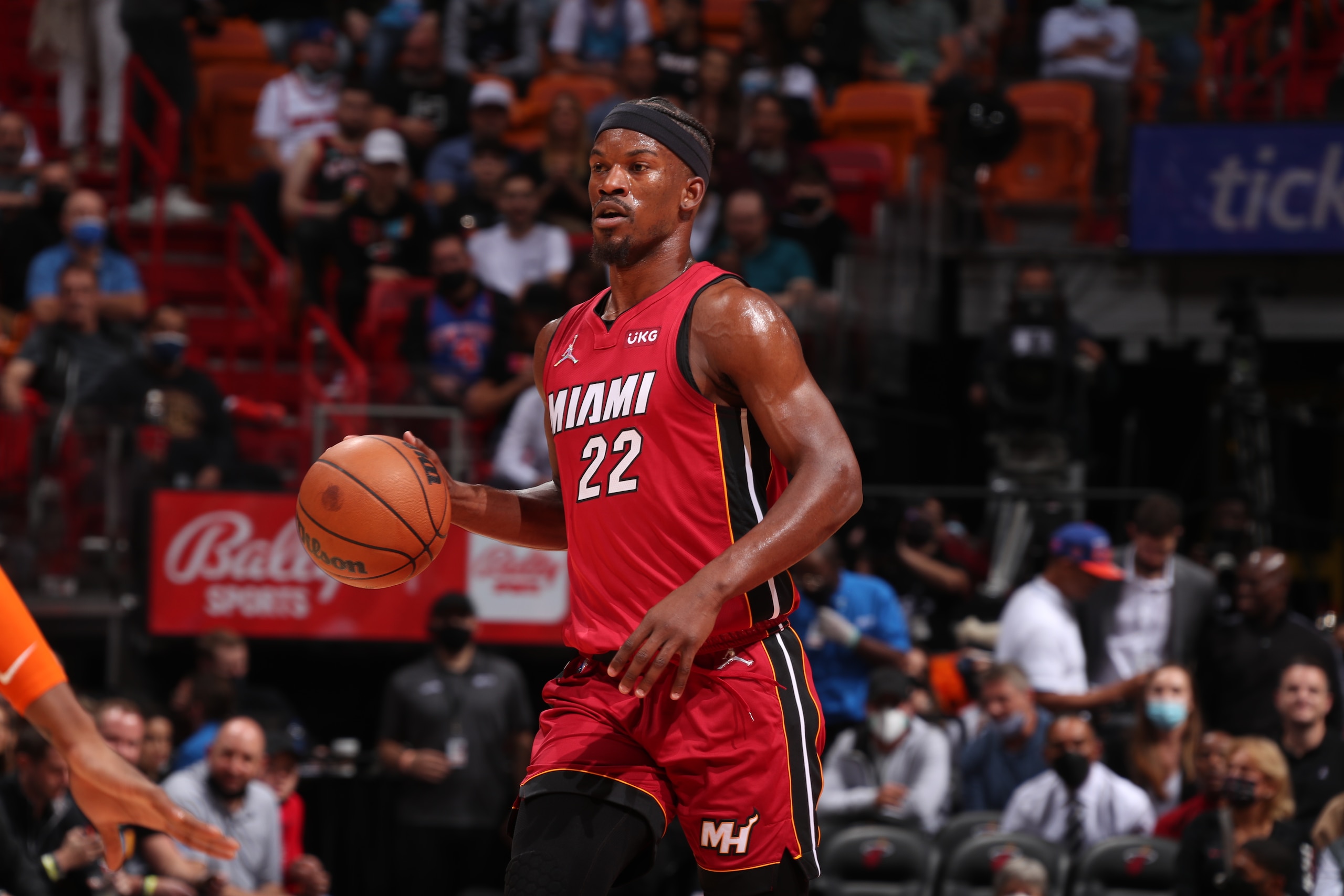 MIAMI, FL - JANUARY 26: Jimmy Butler #22 of the Miami Heat runs on the court during the game against the New York Knicks on January 26, 2021 at FTX Arena in Miami, Florida. NOTE TO USER: User expressly acknowledges and agrees that, by downloading and or using this Photograph, user is consenting to the terms and conditions of the Getty Images License Agreement. Mandatory Copyright Notice: Copyright 2022 NBAE (Photo by Issac Baldizon/NBAE via Getty Images)