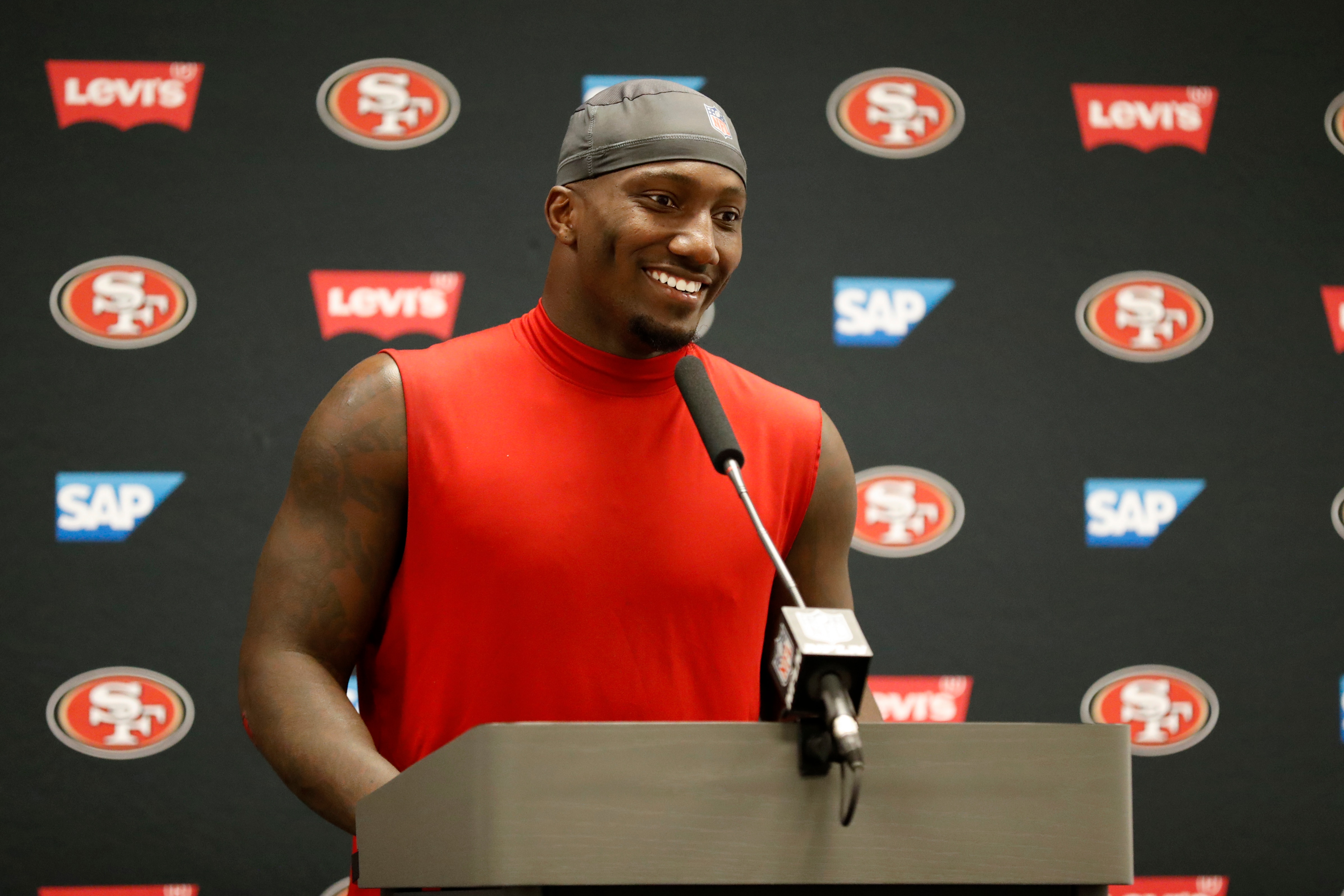 San Francisco 49ers wide receiver Deebo Samuel participates in a press conference after an NFL football game against the Dallas Cowboys in Arlington, Texas, Sunday, Jan. 16, 2022. San Francisco beat Dallas 23-17. (AP Photo/Roger Steinman)