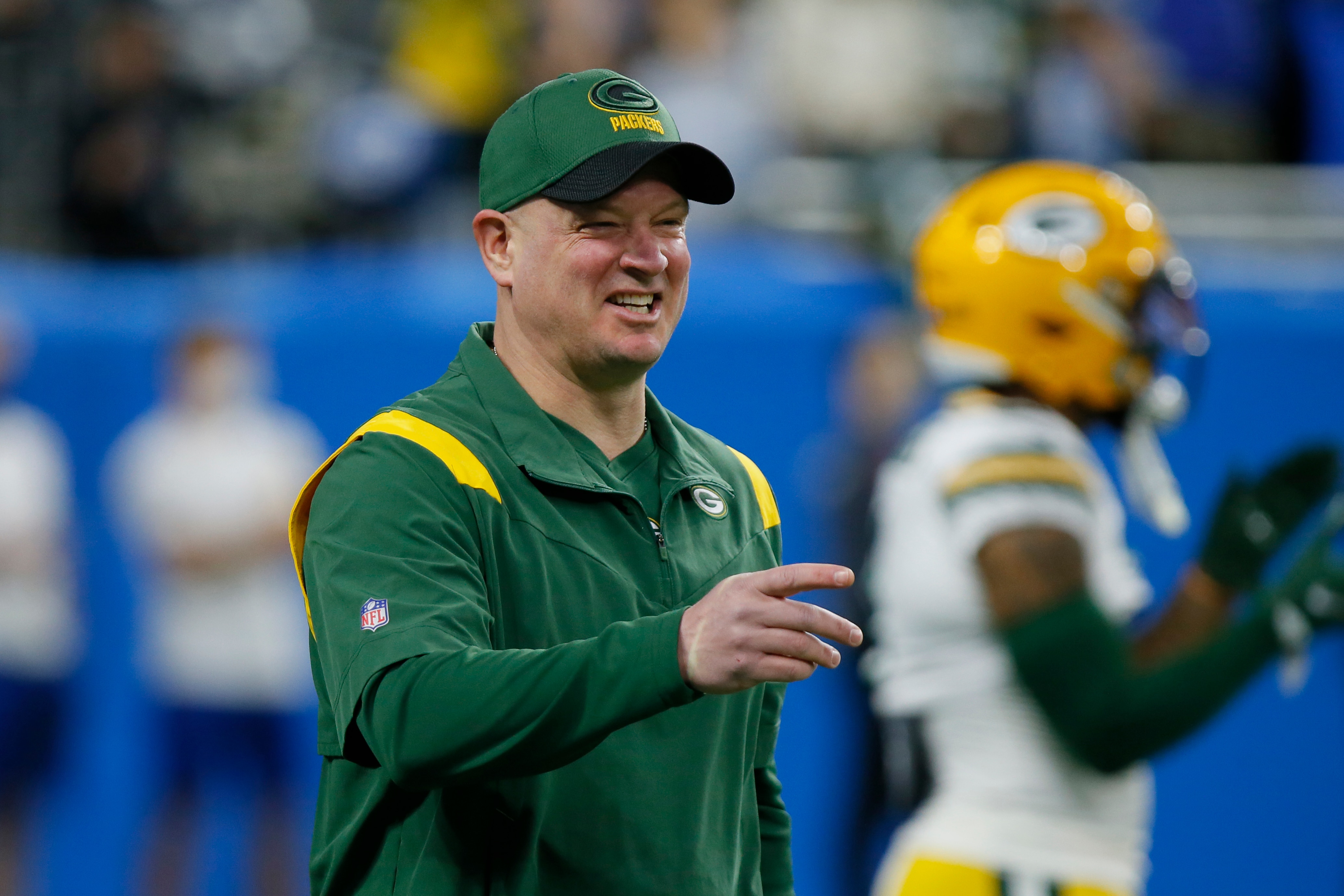 Green Bay Packers offensive coordinator Nathaniel Hackett seen during pregame of an NFL football game against the Detroit Lions, Sunday, Jan. 9, 2022, in Detroit. (AP Photo/Duane Burleson)