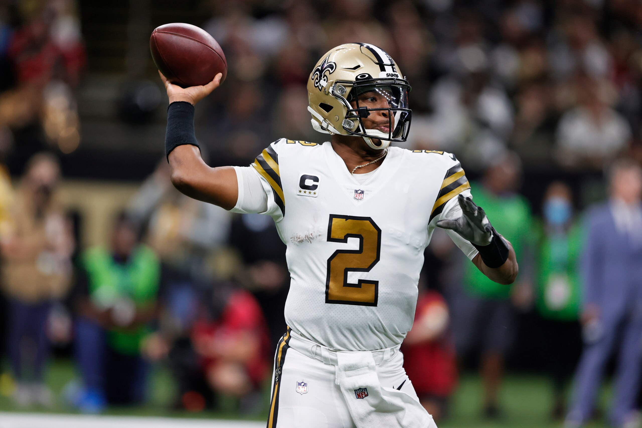 New Orleans Saints quarterback Jameis Winston (2) passes in the first half of an NFL football game against the Tampa Bay Buccaneers in New Orleans, Sunday, Oct. 31, 2021. (AP Photo/Butch Dill) New Orleans Saints quarterback Jameis Winston (2) passes in the first half of an NFL football game against the Tampa Bay Buccaneers in New Orleans, Sunday, Oct. 31, 2021. (AP Photo/Butch Dill)