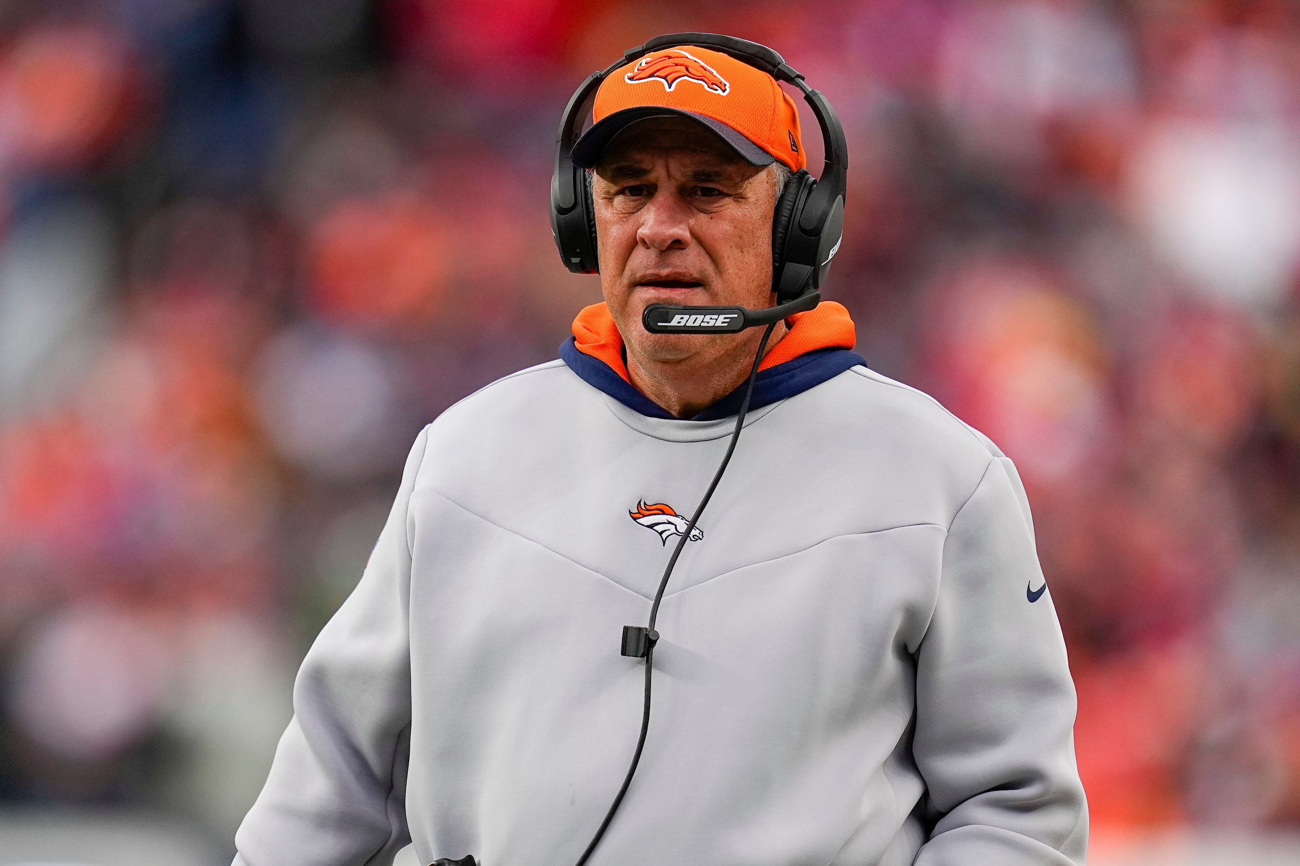 Denver Broncos head coach Vic Fangio looks on against the Kansas City Chiefs during an NFL football game Saturday, Jan. 8, 2022, in Denver. Fangio was let go by the Broncos following the game. (AP Photo/Jack Dempsey)