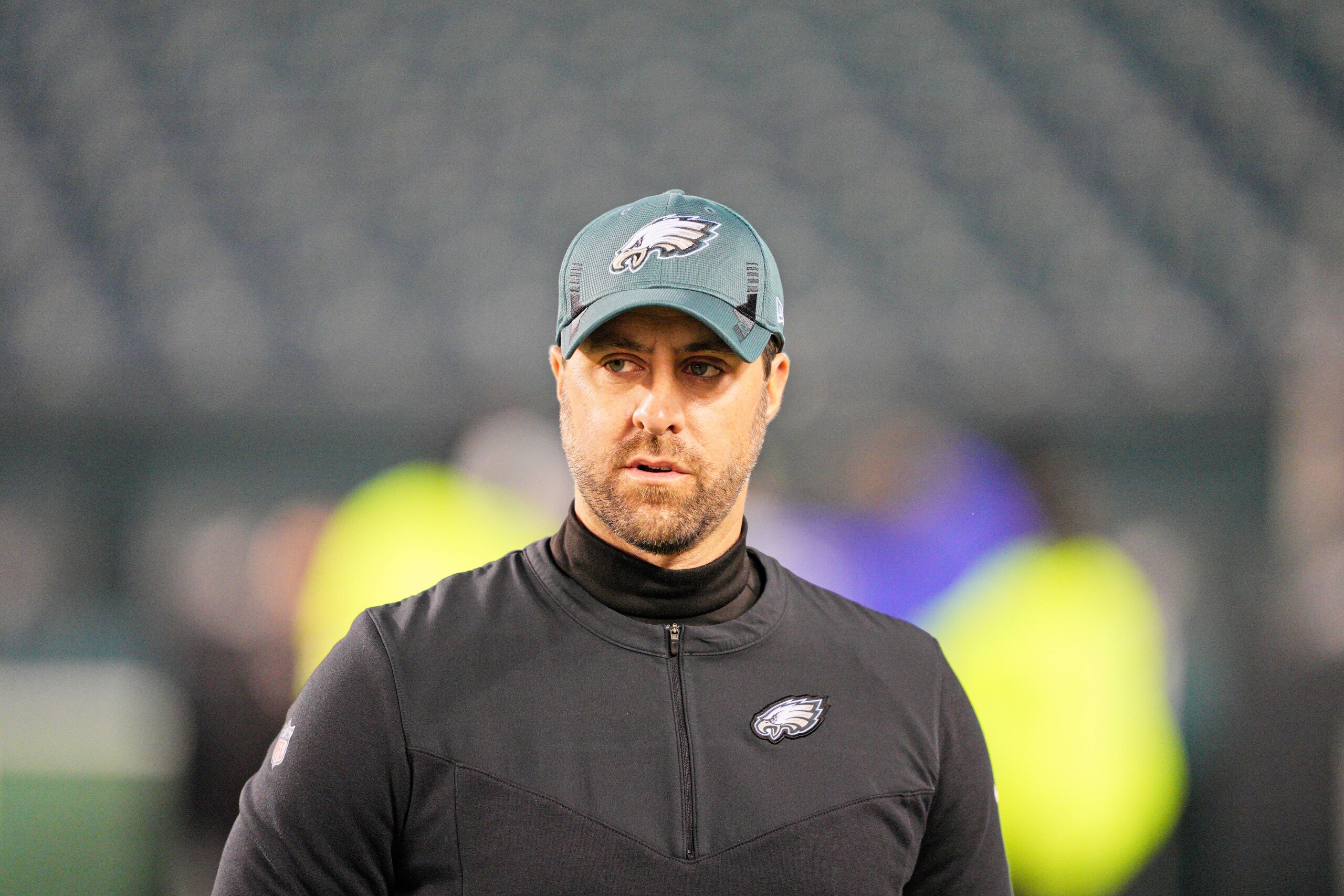PHILADELPHIA, PA - DECEMBER 19: Philadelphia Eagles passing game coordinator Kevin Patullo looks on during the game between the Washington Football Team and the Philadelphia Eagles on December 21, 2021 at Lincoln Financial Field in Philadelphia, PA. (Photo by Andy Lewis/Icon Sportswire via Getty Images)
