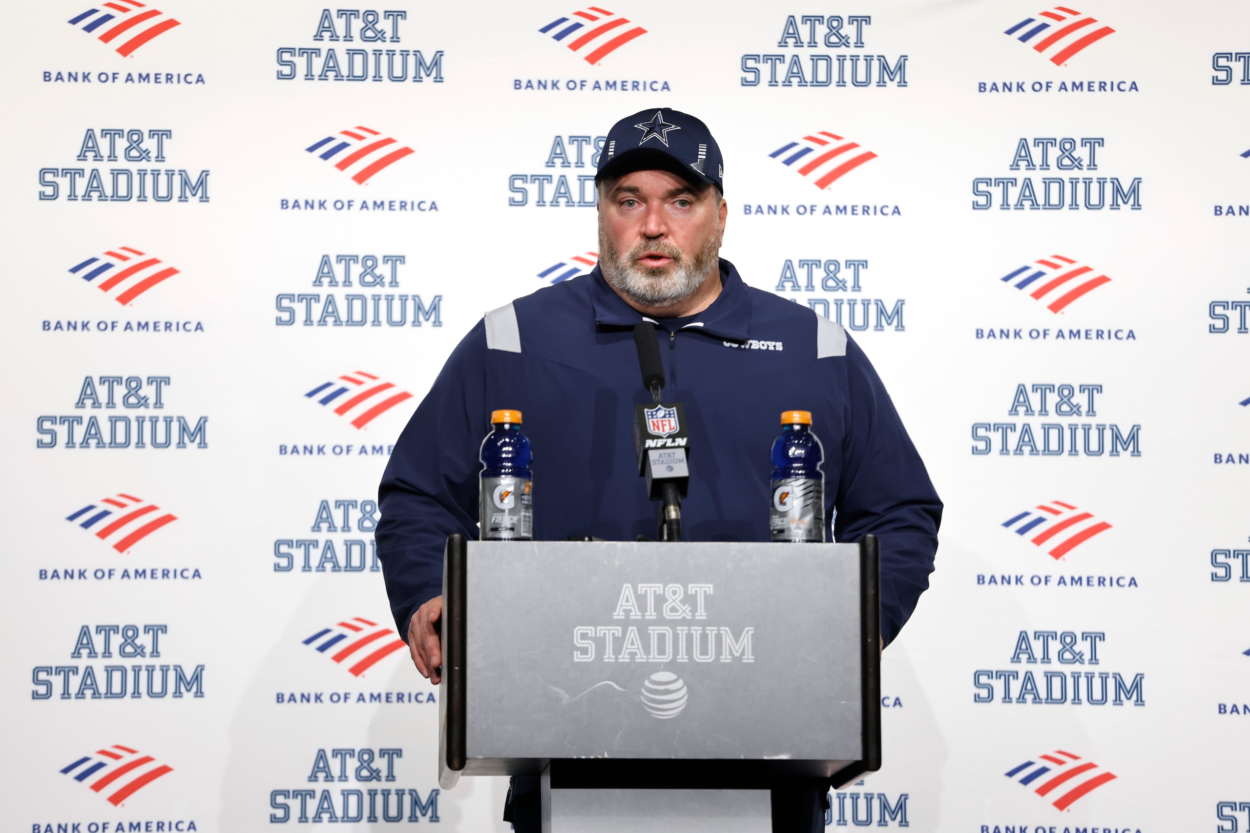 Dallas Cowboys head coach Mike McCarthy speaks during a press conference following an NFL wild-card playoff football game against the San Francisco 49ers in Arlington, Texas, Sunday, Jan. 16, 2022. The 49ers won 23-17. (AP Photo/Ron Jenkins)