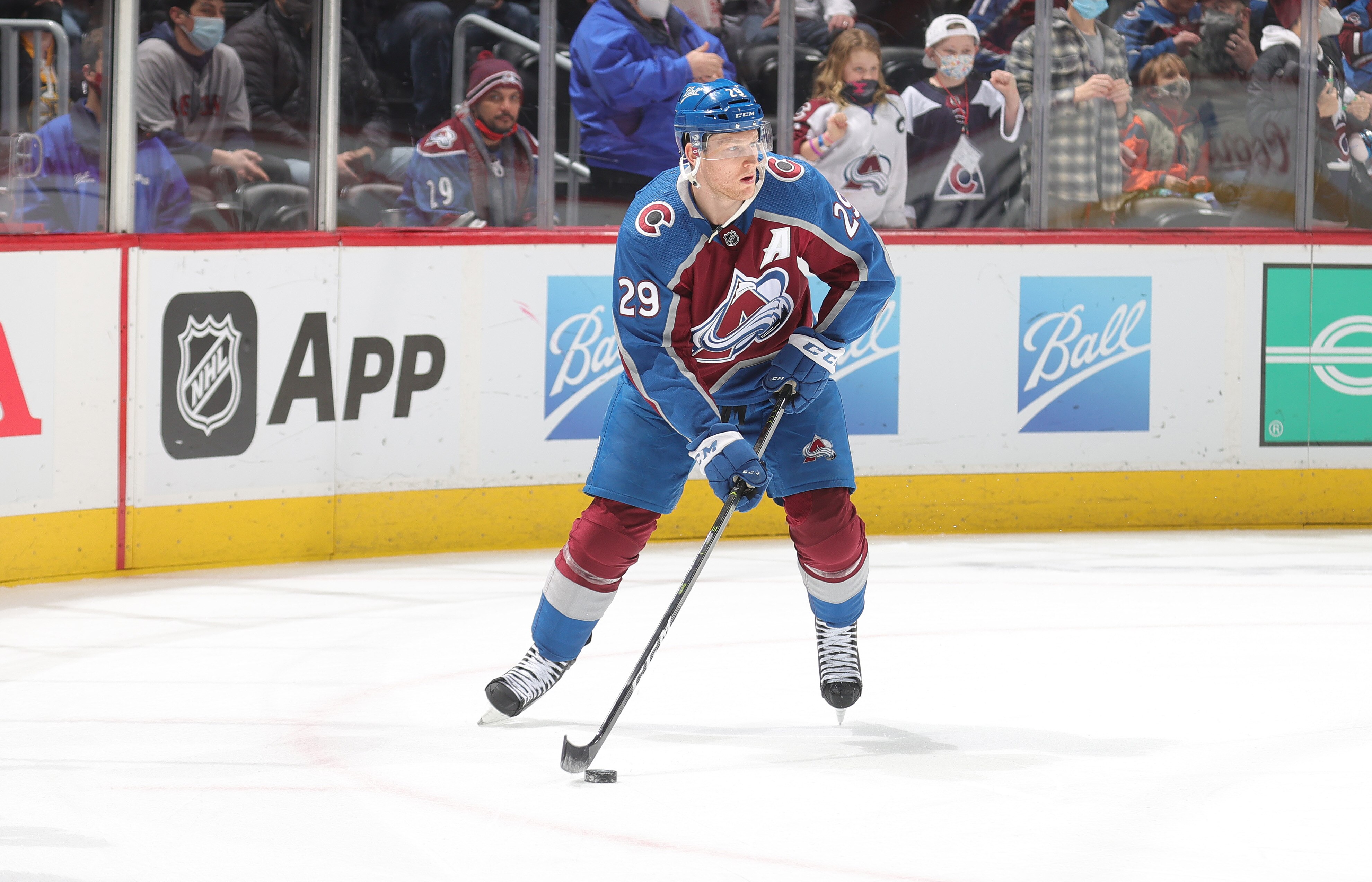 DENVER, COLORADO - JANUARY 26: Nathan MacKinnon #29 of the Colorado Avalanche skates prior to the game against the Boston Bruins at Ball Arena on January 26, 2022 in Denver, Colorado. (Photo by Michael Martin/NHLI via Getty Images)