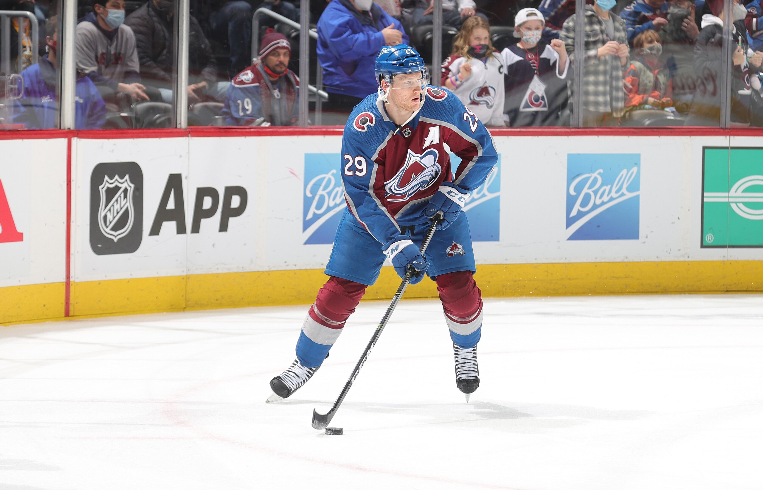 DENVER, COLORADO - JANUARY 26: Nathan MacKinnon #29 of the Colorado Avalanche skates prior to the game against the Boston Bruins at Ball Arena on January 26, 2022 in Denver, Colorado. (Photo by Michael Martin/NHLI via Getty Images)