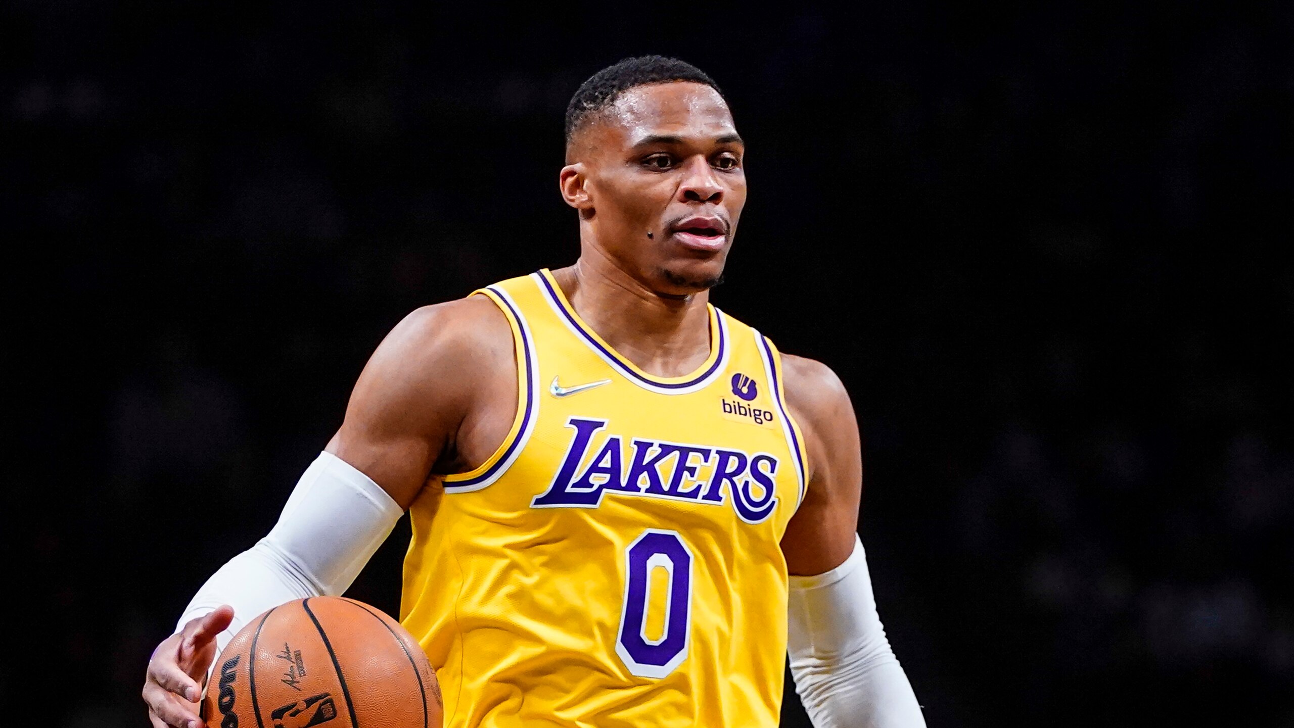 Los Angeles Lakers guard Russell Westbrook (0) during NBA action against Brooklyn Nets, Tuesday Jan. 25, 2022, in New York. (AP Photo/Frank Franklin II)