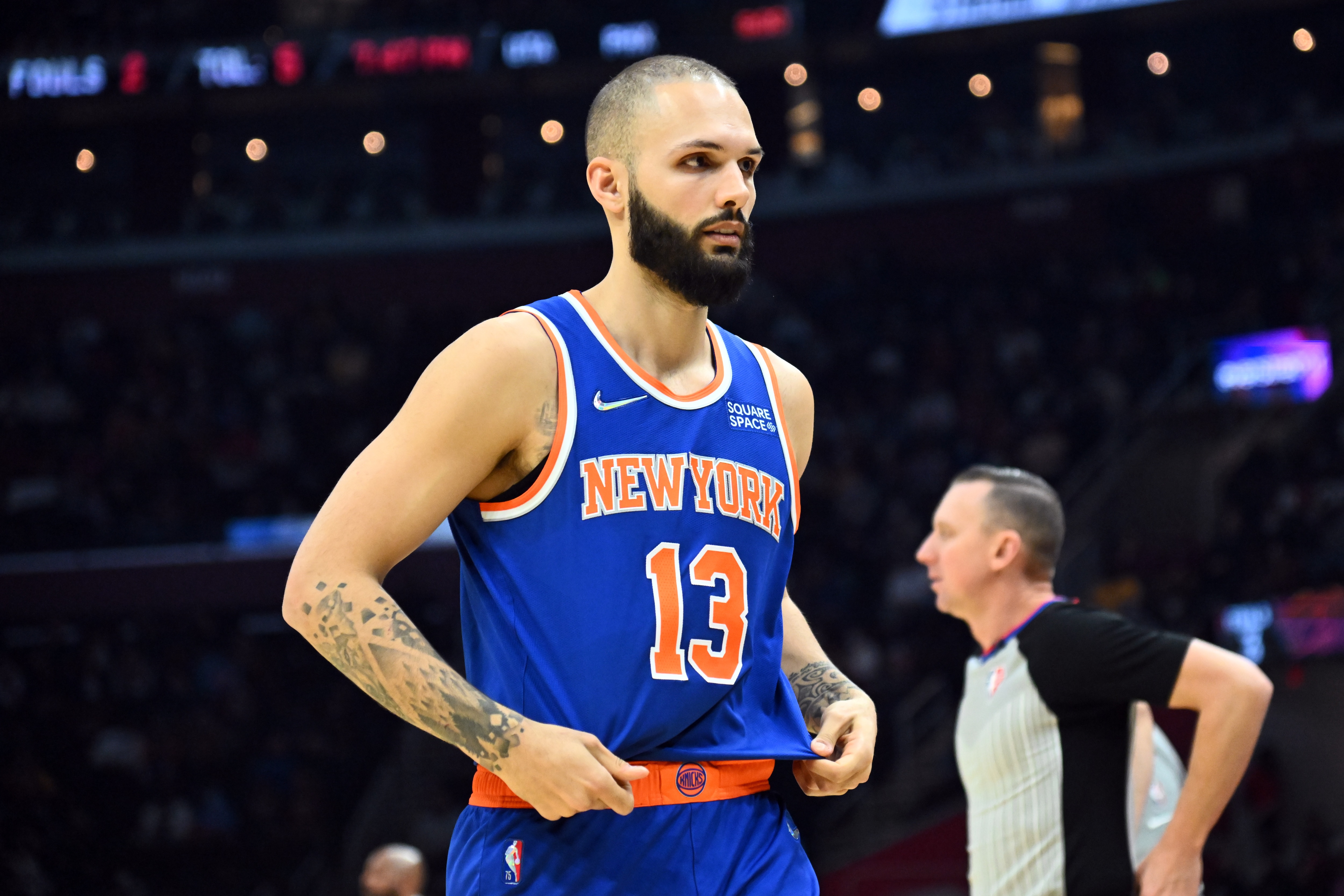CLEVELAND, OHIO - JANUARY 24: Evan Fournier #13 of the New York Knicks walks back to the bench during the first half against the Cleveland Cavaliers at Rocket Mortgage Fieldhouse on January 24, 2022 in Cleveland, Ohio. NOTE TO USER: User expressly acknowledges and agrees that, by downloading and/or using this photograph, user is consenting to the terms and conditions of the Getty Images License Agreement. (Photo by Jason Miller/Getty Images)
