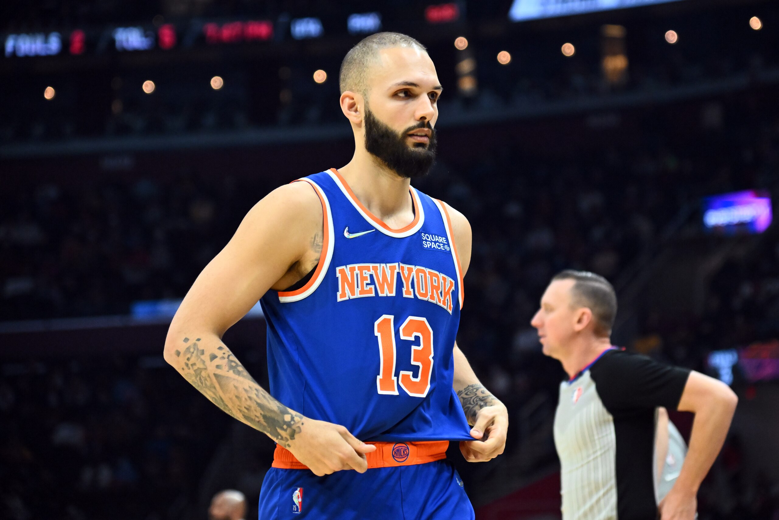 CLEVELAND, OHIO - JANUARY 24: Evan Fournier #13 of the New York Knicks walks back to the bench during the first half against the Cleveland Cavaliers at Rocket Mortgage Fieldhouse on January 24, 2022 in Cleveland, Ohio. NOTE TO USER: User expressly acknowledges and agrees that, by downloading and/or using this photograph, user is consenting to the terms and conditions of the Getty Images License Agreement. (Photo by Jason Miller/Getty Images)