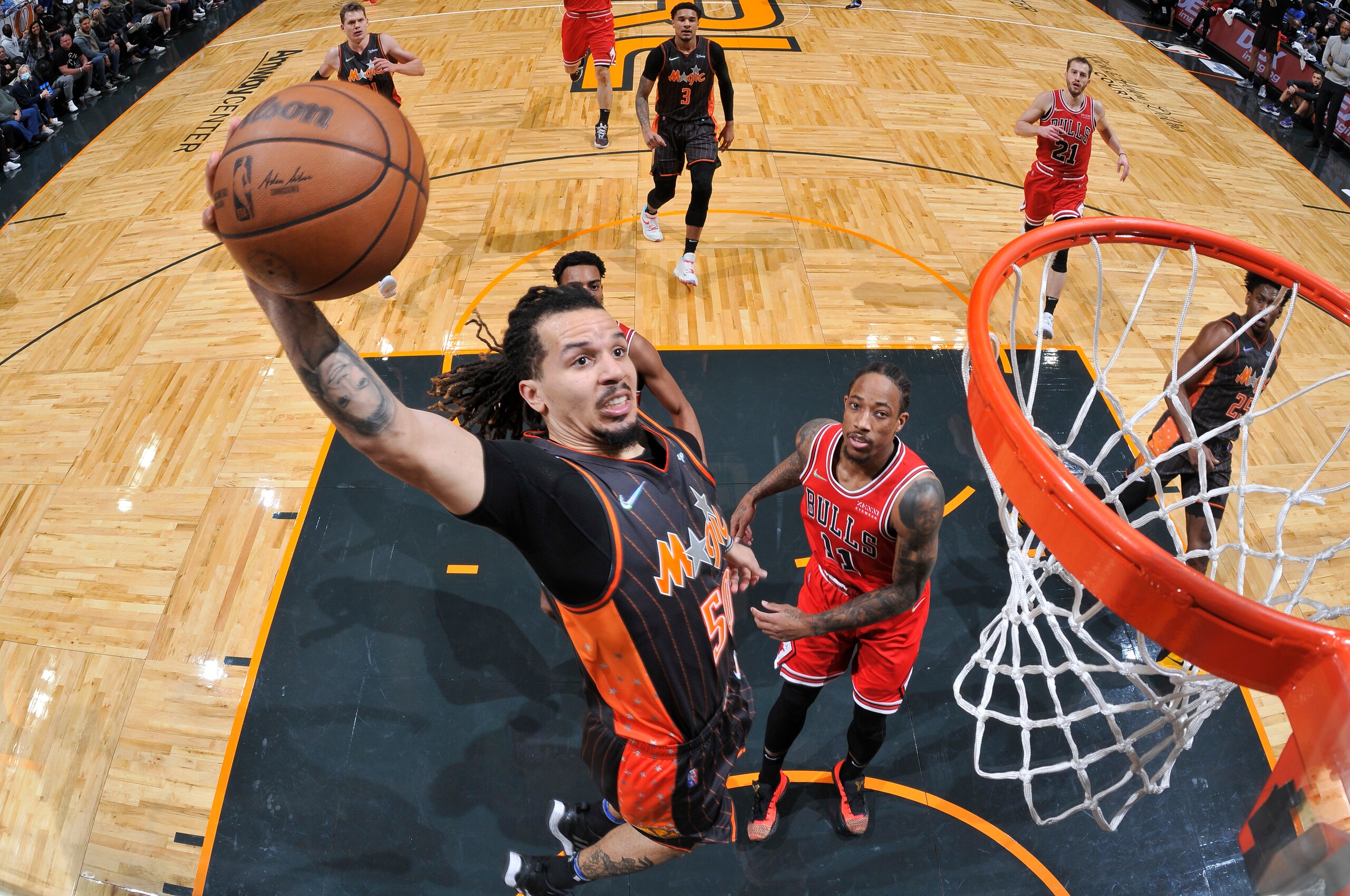 ORLANDO, FL - JANUARY 23: Cole Anthony #50 of the Orlando Magic dunks the ball during the game against the Chicago Bulls on January 23, 2022 at Amway Center in Orlando, Florida. NOTE TO USER: User expressly acknowledges and agrees that, by downloading and or using this photograph, User is consenting to the terms and conditions of the Getty Images License Agreement. Mandatory Copyright Notice: Copyright 2022 NBAE (Photo by Fernando Medina/NBAE via Getty Images)