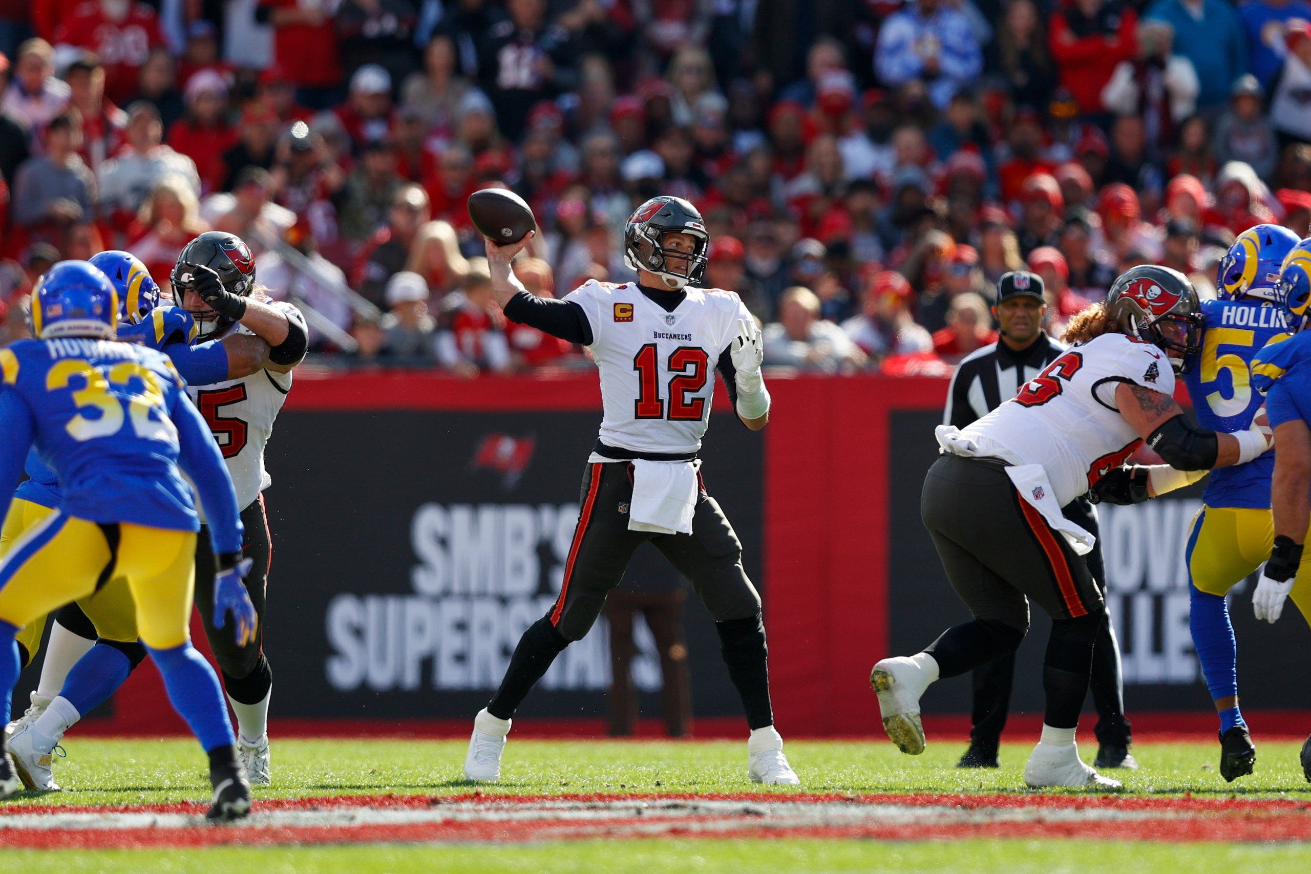 TAMPA, FL - JANUARY 23: Tampa Bay Buccaneers quarterback Tom Brady (12) during the NFC Divisional playoff game between the Los Angeles Rams and the Tampa Bay Buccaneers on January 23, 2022, at Raymond James Stadium in Tampa , FL. (Photo by Jordon Kelly/Icon Sportswire via Getty Images)