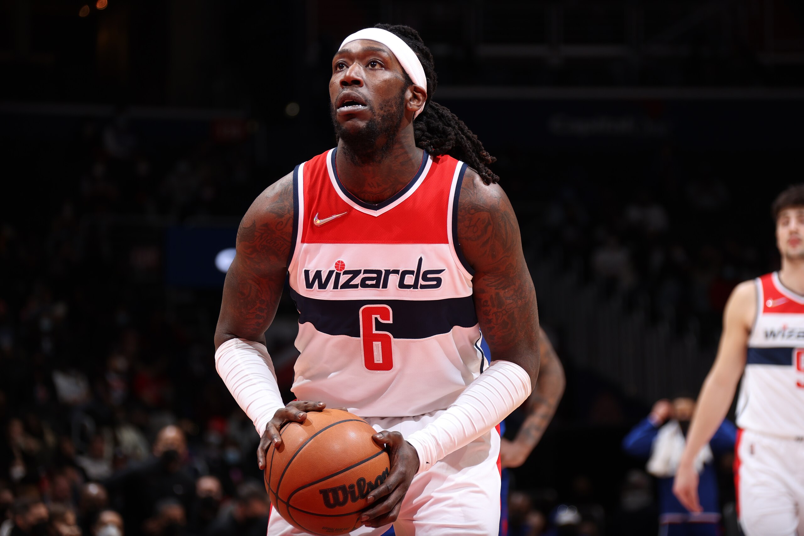 WASHINGTON, DC - JANUARY 25: Montrezl Harrell #6 of the Washington Wizards shoots a free throw during the game against the LA Clippers on January 25, 2022 at Capital One Arena in Washington, DC. NOTE TO USER: User expressly acknowledges and agrees that, by downloading and or using this Photograph, user is consenting to the terms and conditions of the Getty Images License Agreement. Mandatory Copyright Notice: Copyright 2022 NBAE (Photo by Stephen Gosling/NBAE via Getty Images) WASHINGTON, DC - JANUARY 25: Montrezl Harrell #6 of the Washington Wizards shoots a free throw during the game against the LA Clippers on January 25, 2022 at Capital One Arena in Washington, DC. NOTE TO USER: User expressly acknowledges and agrees that, by downloading and or using this Photograph, user is consenting to the terms and conditions of the Getty Images License Agreement. Mandatory Copyright Notice: Copyright 2022 NBAE (Photo by Stephen Gosling/NBAE via Getty Images)