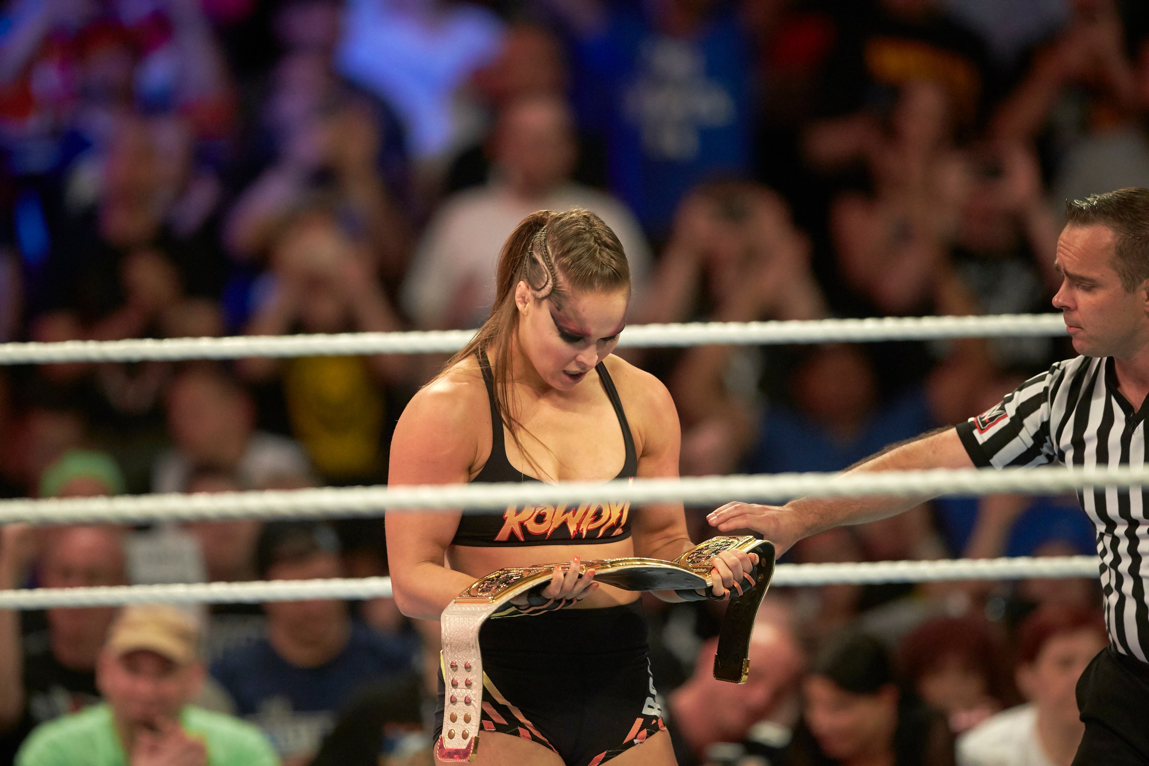 Professional Wrestling: WWE SummerSlam: Ronda Rousey victorious in ring with belt after winning Raw Women's Championship match vs Alexa Bliss during event at Barclays Center.
Brooklyn, NY 8/19/2018
CREDIT: Rob Tringali (Photo by Rob Tringali /Sports Illustrated via Getty Images)
(Set Number: X162079 TK1 )