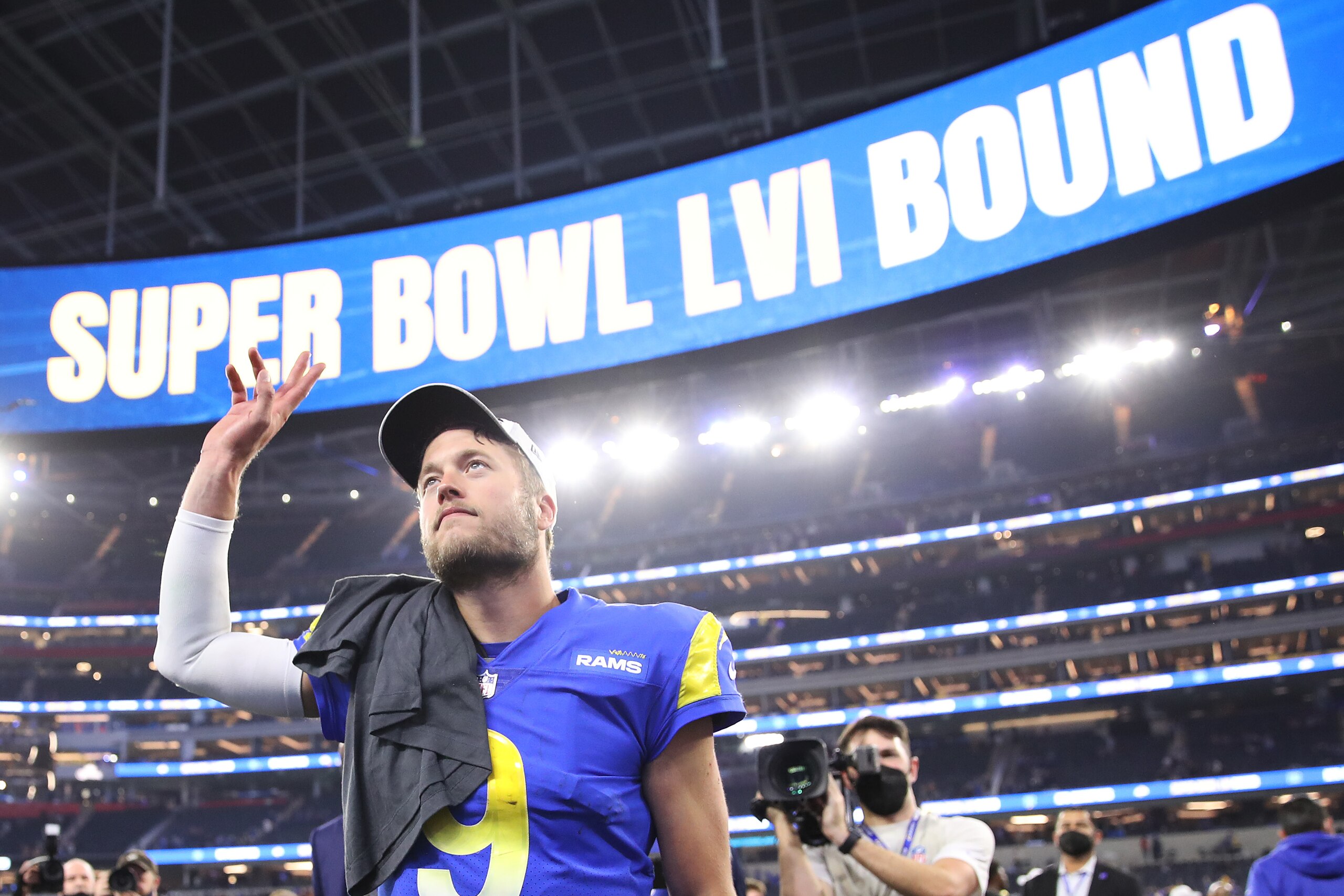 INGLEWOOD, CALIFORNIA - JANUARY 30: Matthew Stafford #9 of the Los Angeles Rams reacts after defeating the San Francisco 49ers in the NFC Championship Game at SoFi Stadium on January 30, 2022 in Inglewood, California. The Rams defeated the 49ers 20-17. (Photo by Christian Petersen/Getty Images)
