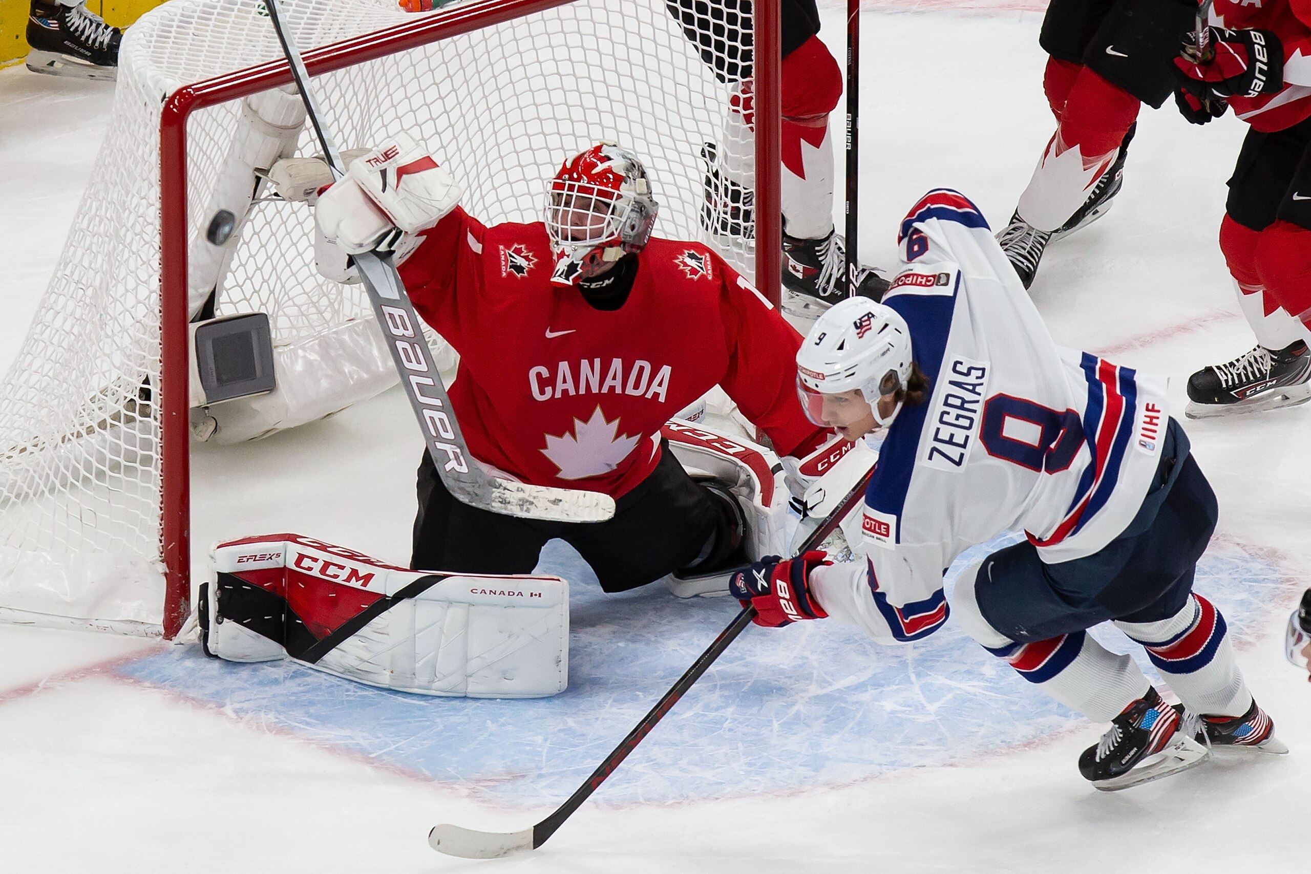 EDMONTON, AB - JANUARY 05: Goaltender Devon Levi #1 of Canada defends Trevor Zegras #9 of the United States during the 2021 IIHF World Junior Championship gold medal game at Rogers Place on January 5, 2021 in Edmonton, Canada. (Photo by Codie McLachlan/Getty Images)