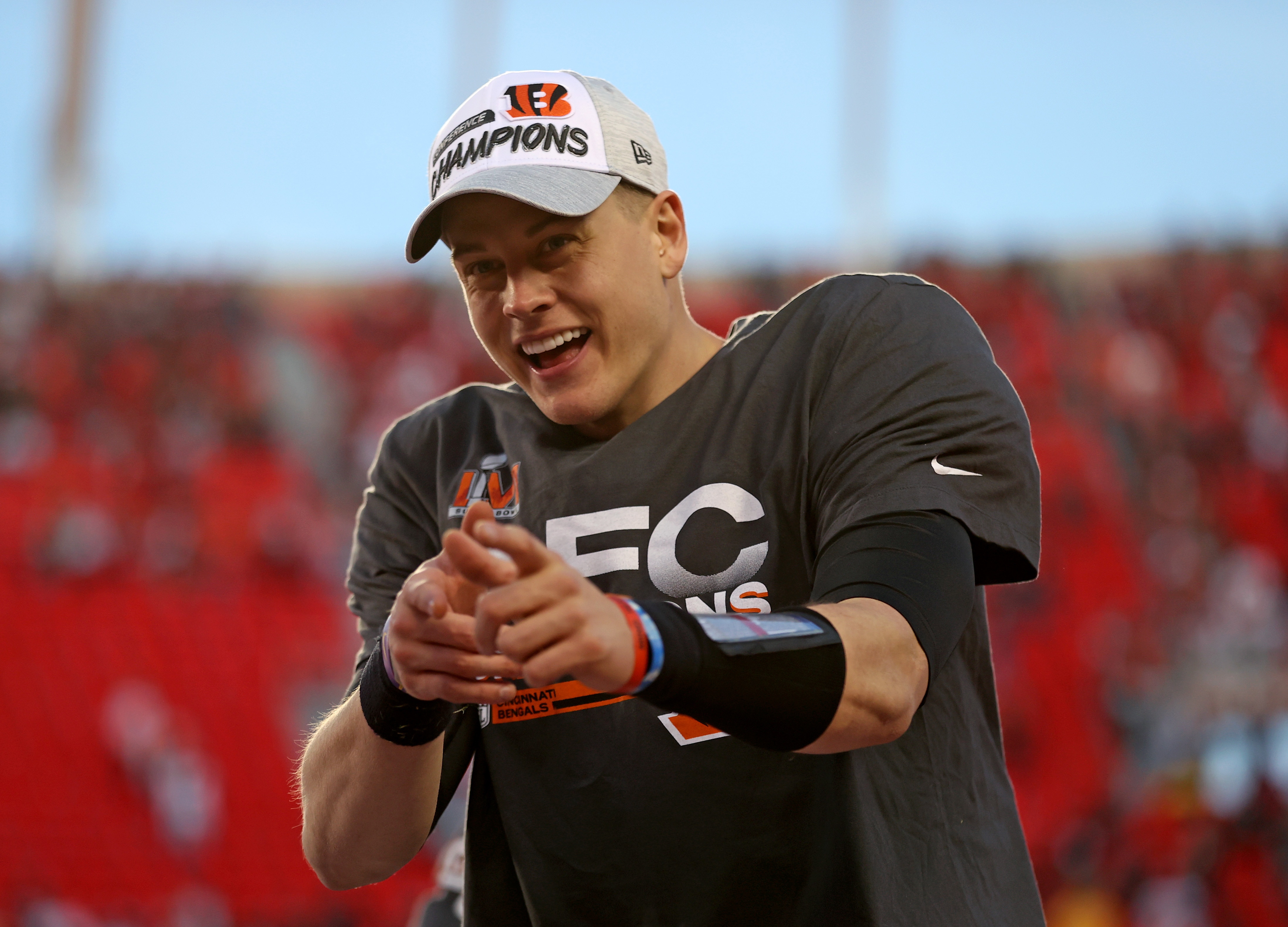 KANSAS CITY, MISSOURI - JANUARY 30: Quarterback Joe Burrow #9 of the Cincinnati Bengals reacts after the Bengals defeated the 	Kansas City Chiefs to win the AFC Championship Game at Arrowhead Stadium on January 30, 2022 in Kansas City, Missouri. (Photo by Jamie Squire/Getty Images)