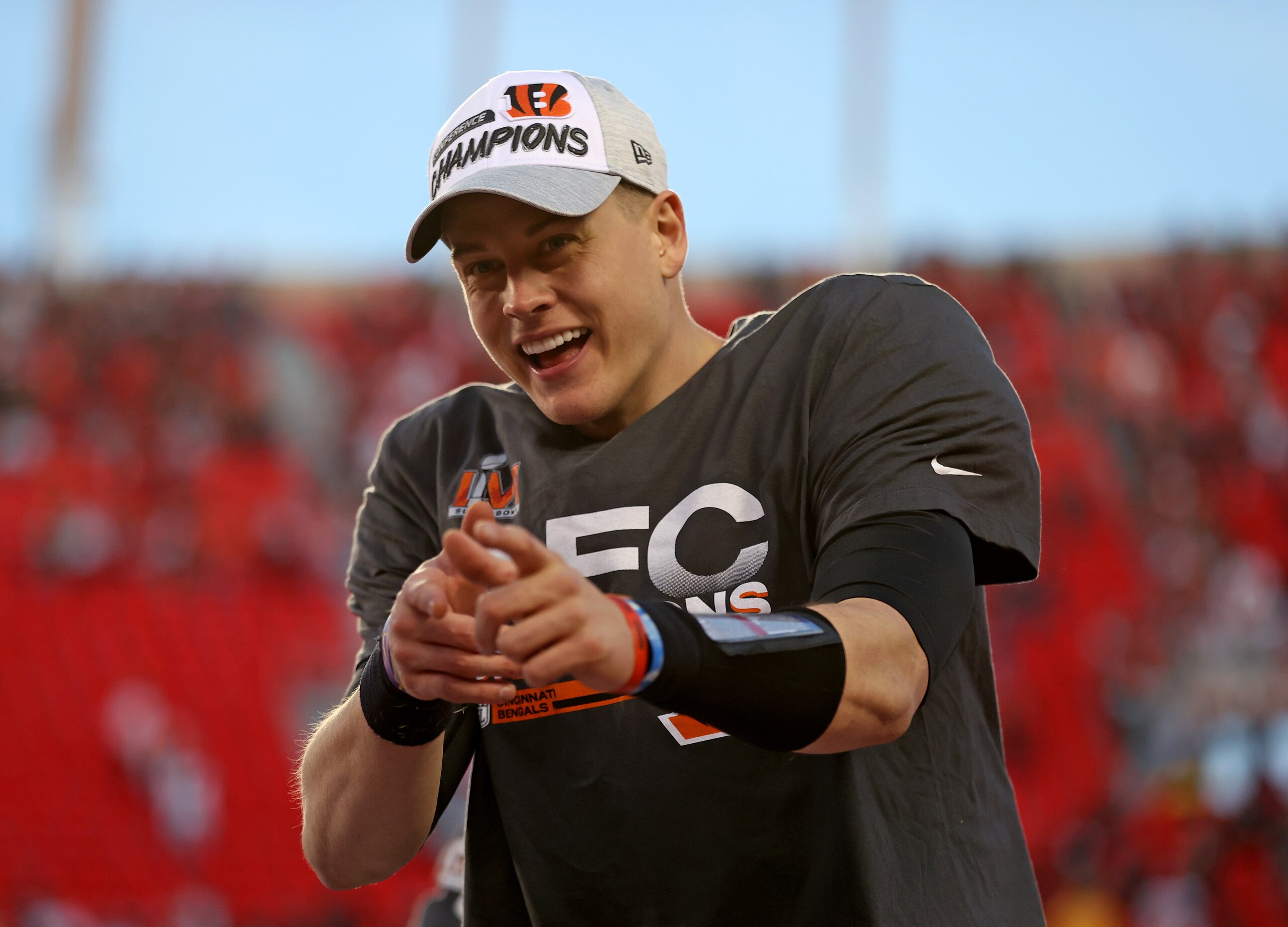 KANSAS CITY, MISSOURI - JANUARY 30: Quarterback Joe Burrow #9 of the Cincinnati Bengals reacts after the Bengals defeated the Kansas City Chiefs to win the AFC Championship Game at Arrowhead Stadium on January 30, 2022 in Kansas City, Missouri. (Photo by Jamie Squire/Getty Images) KANSAS CITY, MISSOURI - JANUARY 30: Quarterback Joe Burrow #9 of the Cincinnati Bengals reacts after the Bengals defeated the Kansas City Chiefs to win the AFC Championship Game at Arrowhead Stadium on January 30, 2022 in Kansas City, Missouri. (Photo by Jamie Squire/Getty Images)