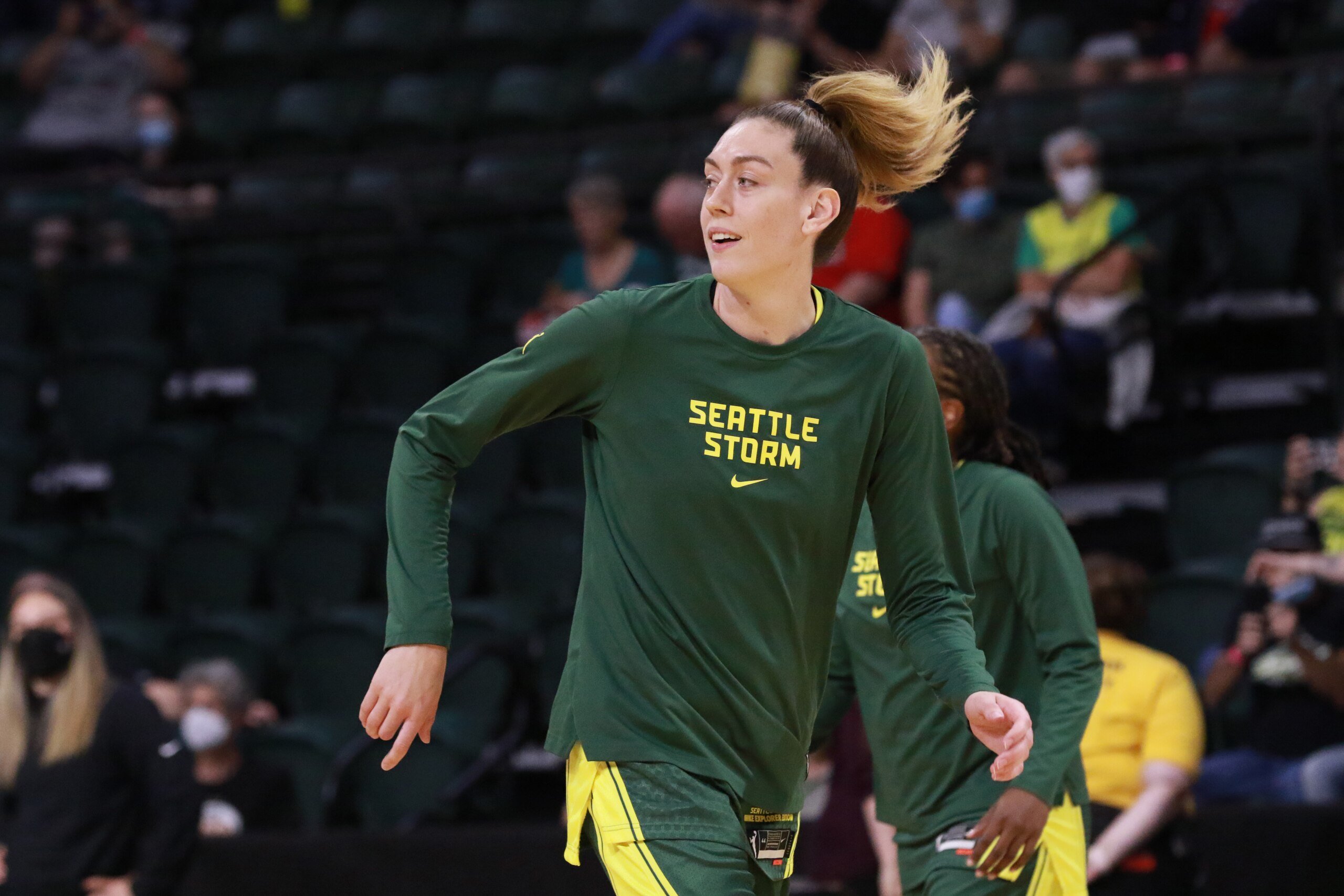 EVERETT, WA - SEPTEMBER 7: Breanna Stewart #30 of the Seattle Storm warms up before the game against the Washington Mystics on September 7, 2021 at the Angel of the Winds Arena, in Everett, Washington. NOTE TO USER: User expressly acknowledges and agrees that, by downloading and or using this photograph, User is consenting to the terms and conditions of the Getty Images License Agreement. Mandatory Copyright Notice: Copyright 2019 NBAE (Photo by Josh Huston/NBAE via Getty Images)