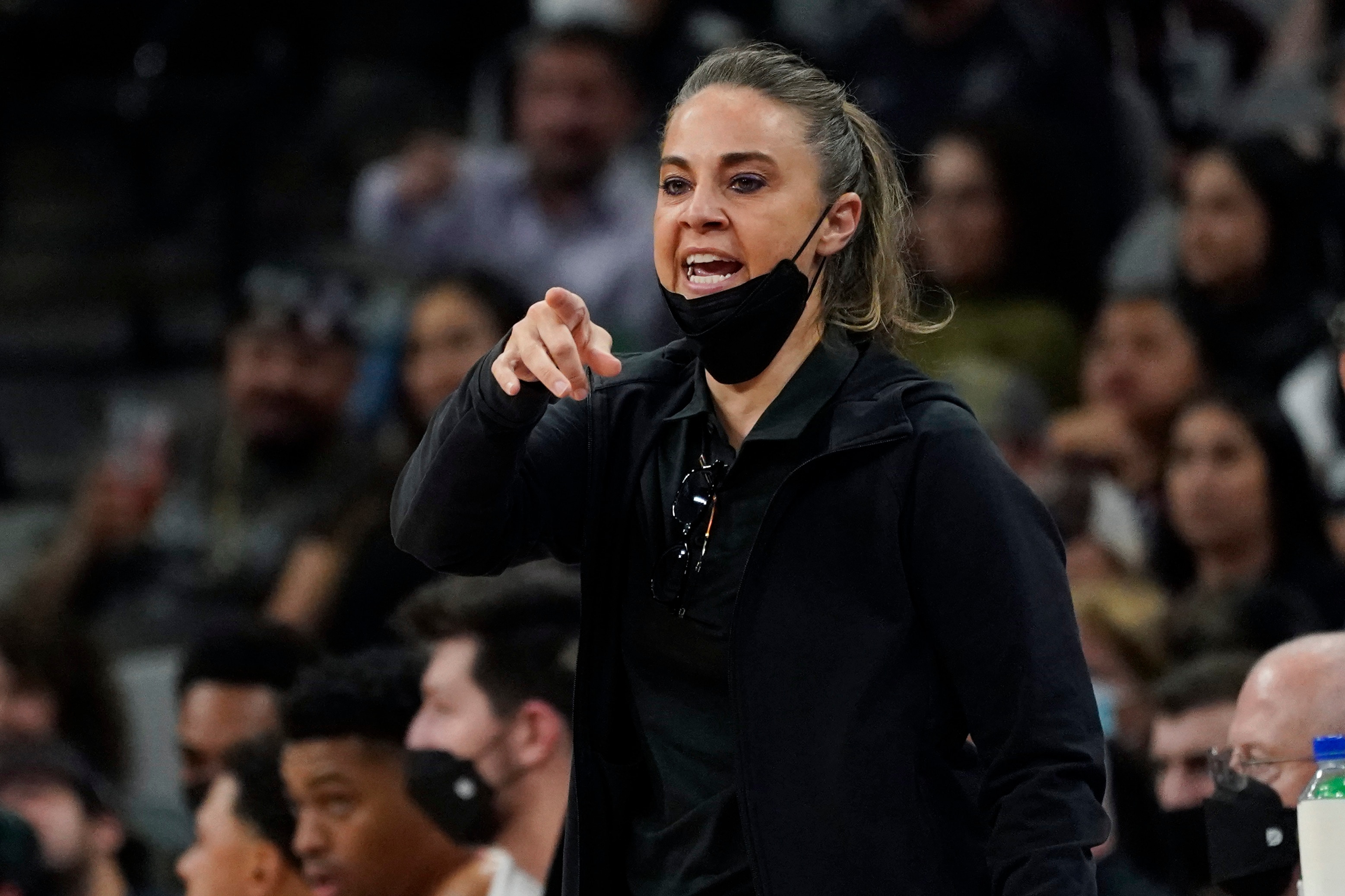 San Antonio Spurs assistant coach Becky Hammon during the first half of an NBA basketball game against the Dallas Mavericks, Friday, Nov. 12, 2021, in San Antonio. (AP Photo/Eric Gay)
