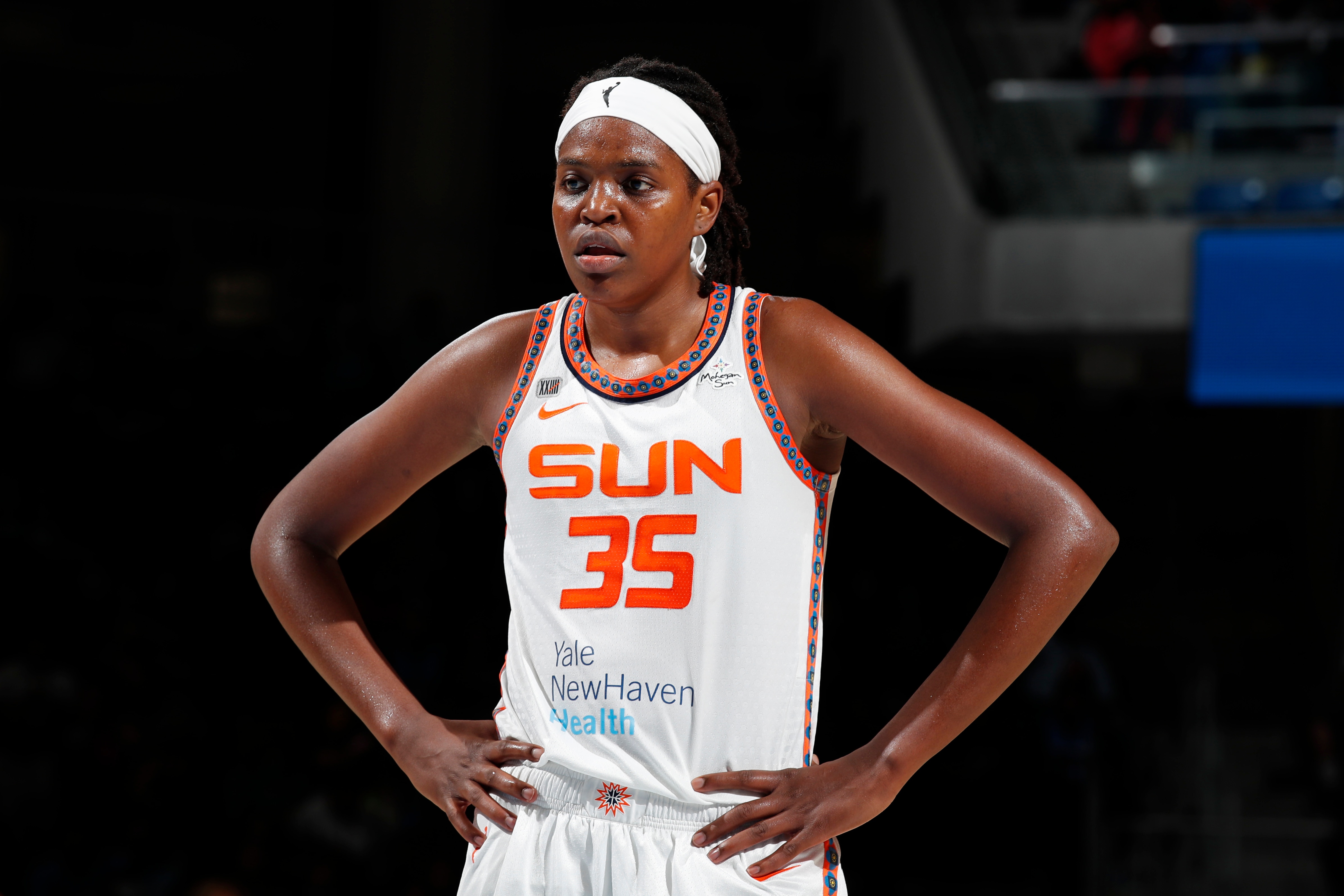 CHICAGO, IL - OCTOBER 6: Jonquel Jones #35 of the Connecticut Sun looks on against the Chicago Sky during Game Four of the 2021 WNBA Semifinals on October 6, 2021 at the Wintrust Arena in Chicago, Illinois. NOTE TO USER: User expressly acknowledges and agrees that, by downloading and or using this photograph, user is consenting to the terms and conditions of the Getty Images License Agreement.  Mandatory Copyright Notice: Copyright 2021 NBAE (Photo by Jeff Haynes/NBAE via Getty Images)