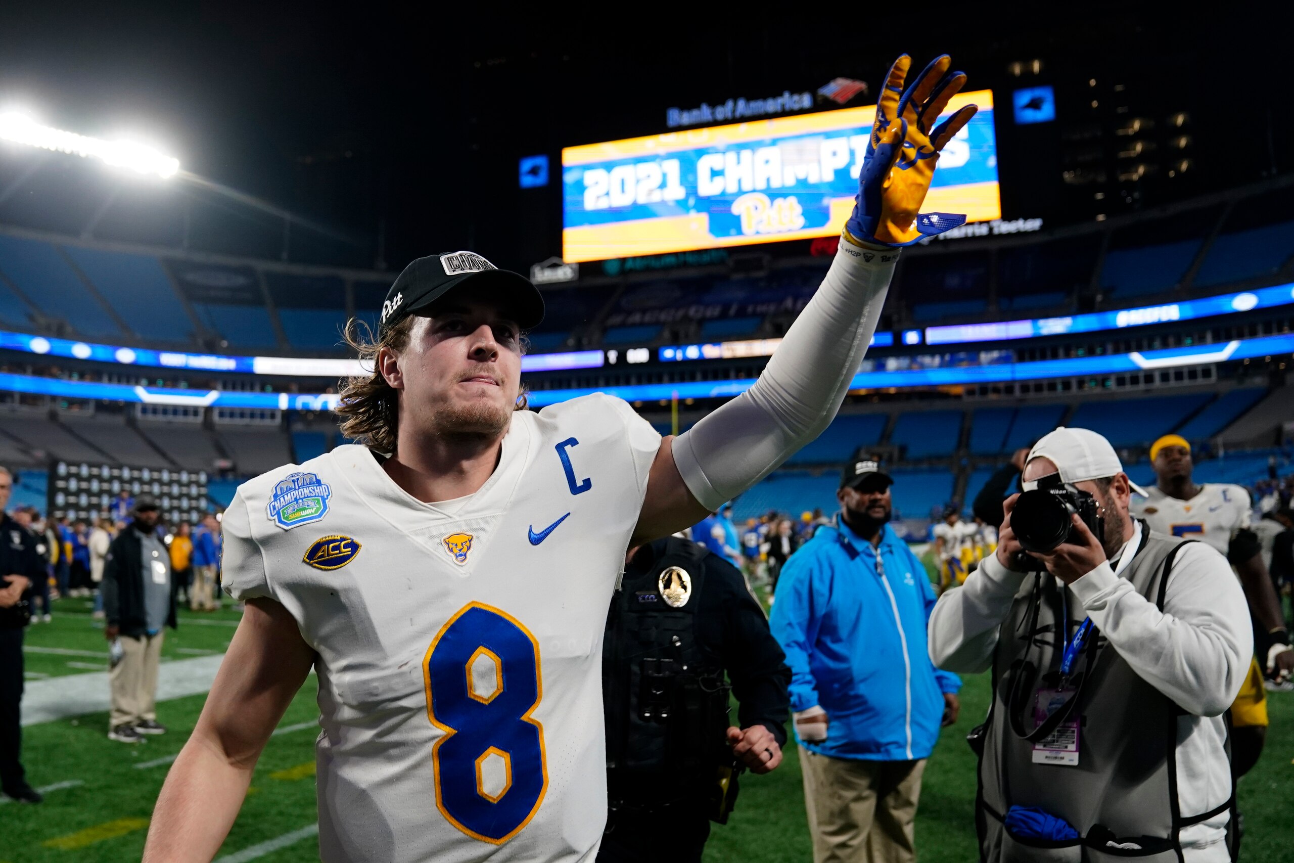 Pittsburgh quarterback Kenny Pickett celebrates after their win against Wake Forest in the Atlantic Coast Conference championship NCAA college football game Sunday, Dec. 5, 2021, in Charlotte, N.C. (AP Photo/Jacob Kupferman)