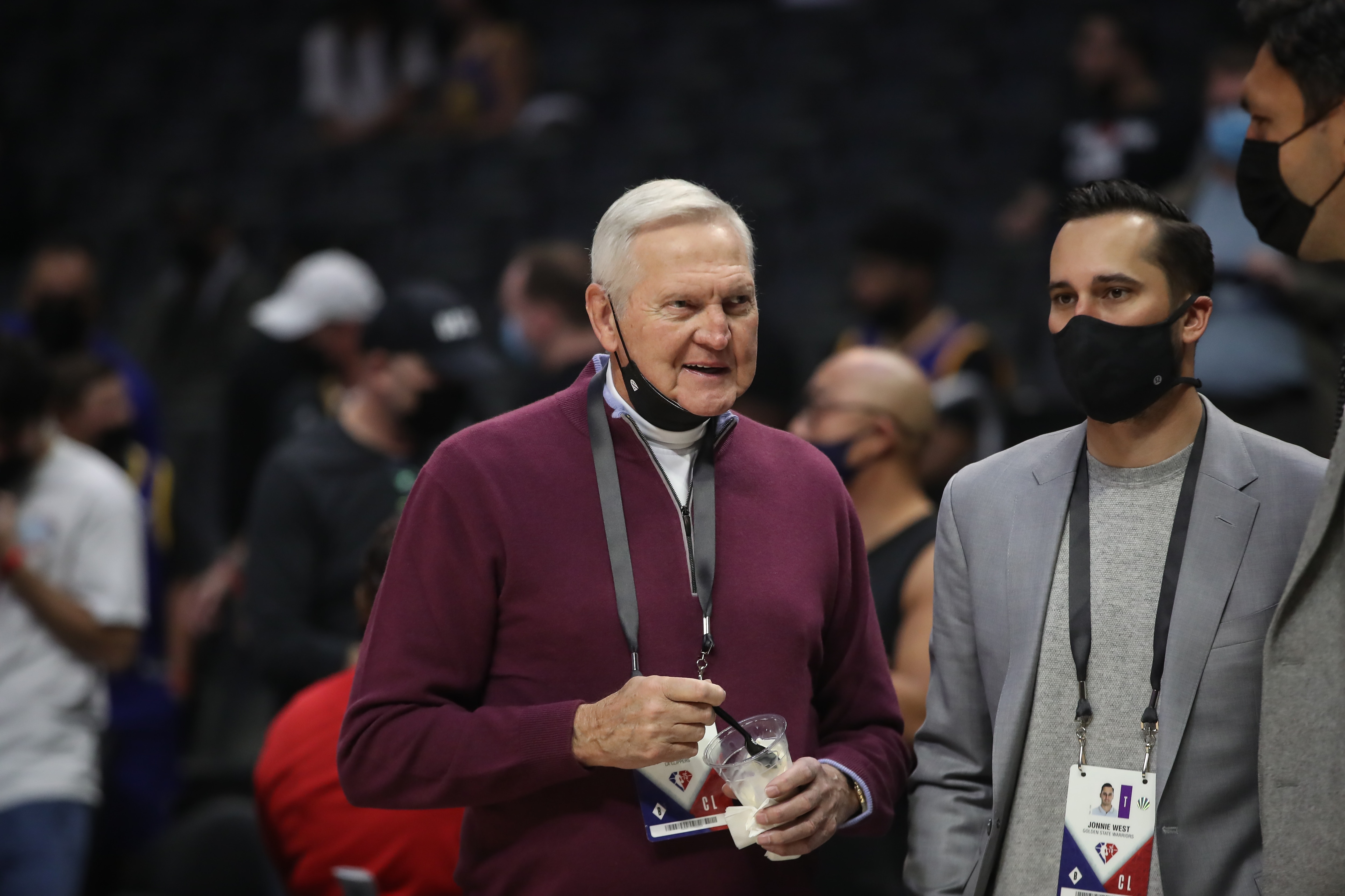LOS ANGELES, CA - NOVEMBER 28: LA Clippers Jerry West during the Golden State Warriors  vs LA Clippers game on November 28, 2021, at Staples Center in Los Angeles, CA. (Photo by Jevone Moore/Icon Sportswire via Getty Images)