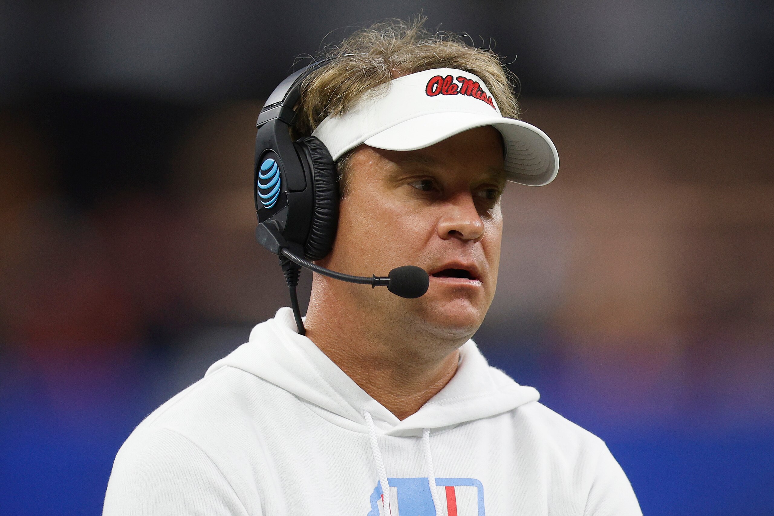 NEW ORLEANS, LOUISIANA - JANUARY 01: Head coach Lane Kiffin of the Mississippi Rebels reacts against the Baylor Bears during the first half in the Allstate Sugar Bowl at Caesars Superdome on January 01, 2022 in New Orleans, Louisiana. (Photo by Chris Graythen/Getty Images)
