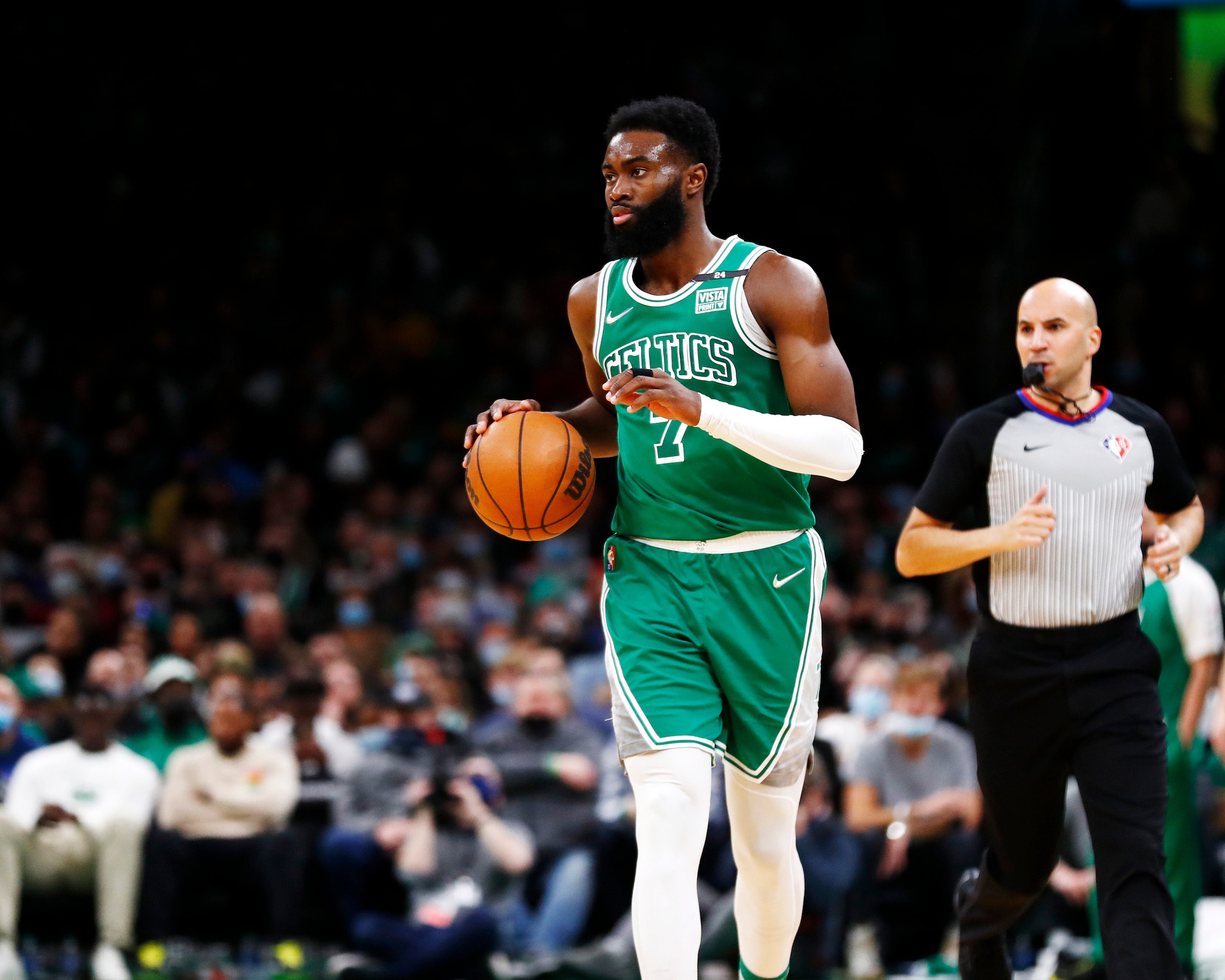 BOSTON, MASSACHUSETTS - JANUARY 31: Jaylen Brown #7 of the Boston Celtics brings the ball up court during the third quarter of the game against the Miami Heat at TD Garden on January 31, 2022 in Boston, Massachusetts. NOTE TO USER: User expressly acknowledges and agrees that, by downloading and or using this photograph, User is consenting to the terms and conditions of the Getty Images License Agreement.  (Photo by Omar Rawlings/Getty Images)