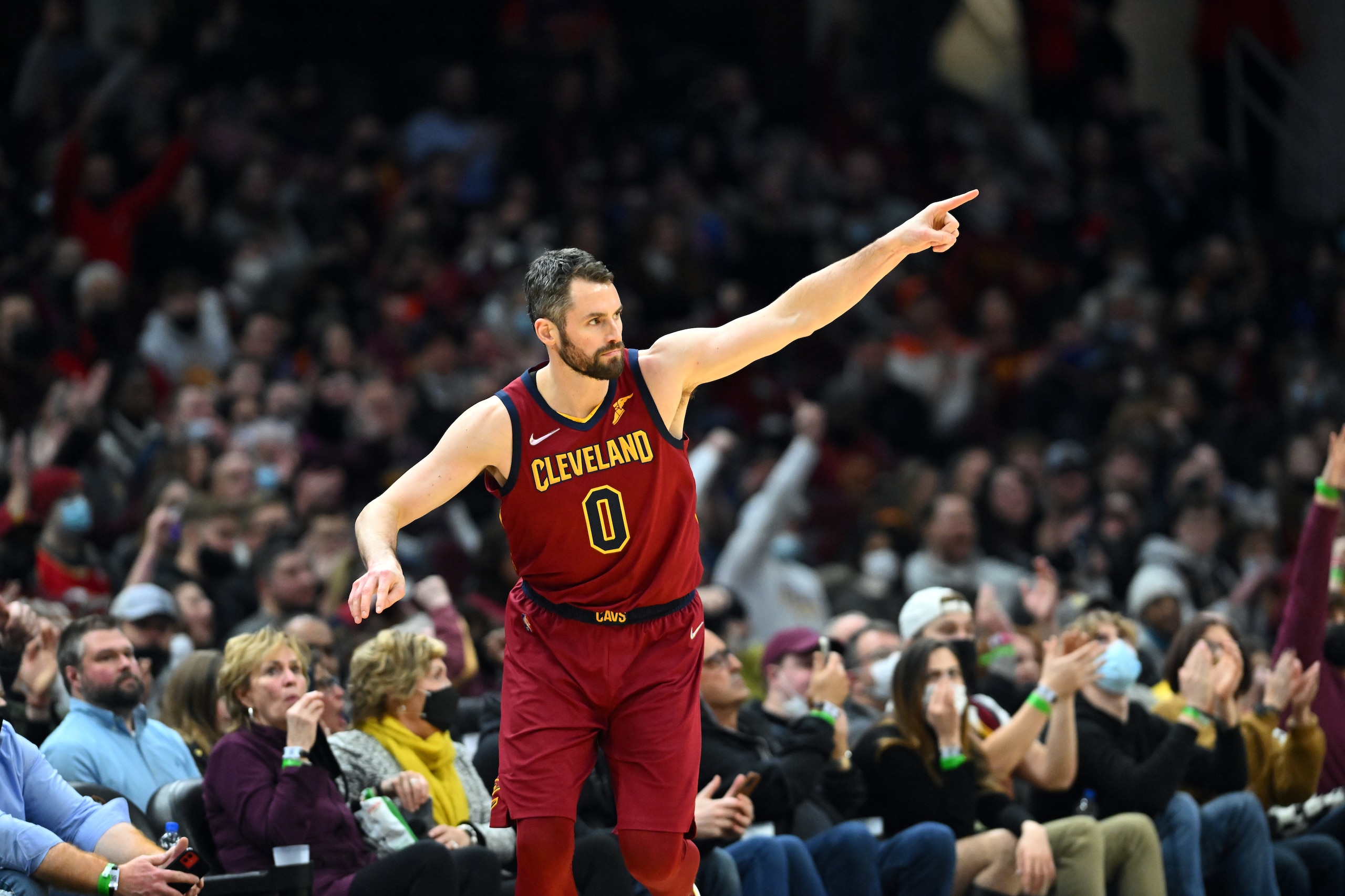 CLEVELAND, OHIO - JANUARY 31: Kevin Love #0 of the Cleveland Cavaliers celebrates after scoring during the third quarter against the New Orleans Pelicans at Rocket Mortgage Fieldhouse on January 31, 2022 in Cleveland, Ohio. The Cavaliers defeated the Pelicans 93-90. NOTE TO USER: User expressly acknowledges and agrees that, by downloading and/or using this photograph, user is consenting to the terms and conditions of the Getty Images License Agreement. (Photo by Jason Miller/Getty Images)